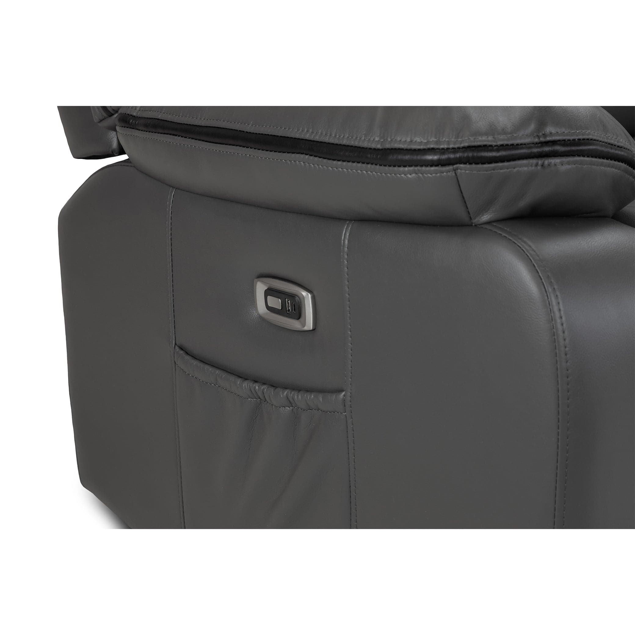 Close-up of built-in USB-C charging port on Dexter grey recliner sofa (7023524970560)