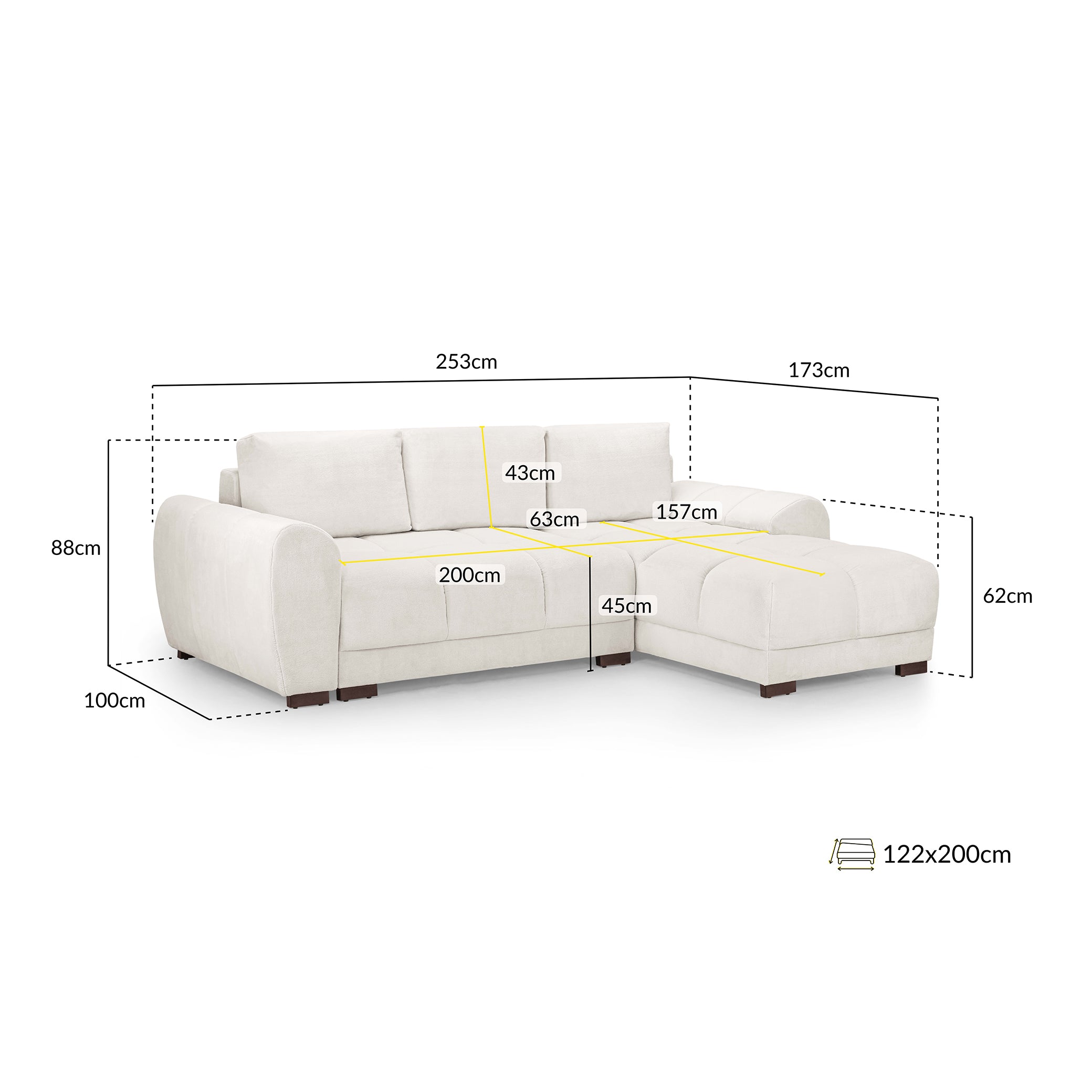 Devoke Sofabed Cream Universal Corner Sofa - measurement view (7021961281600)