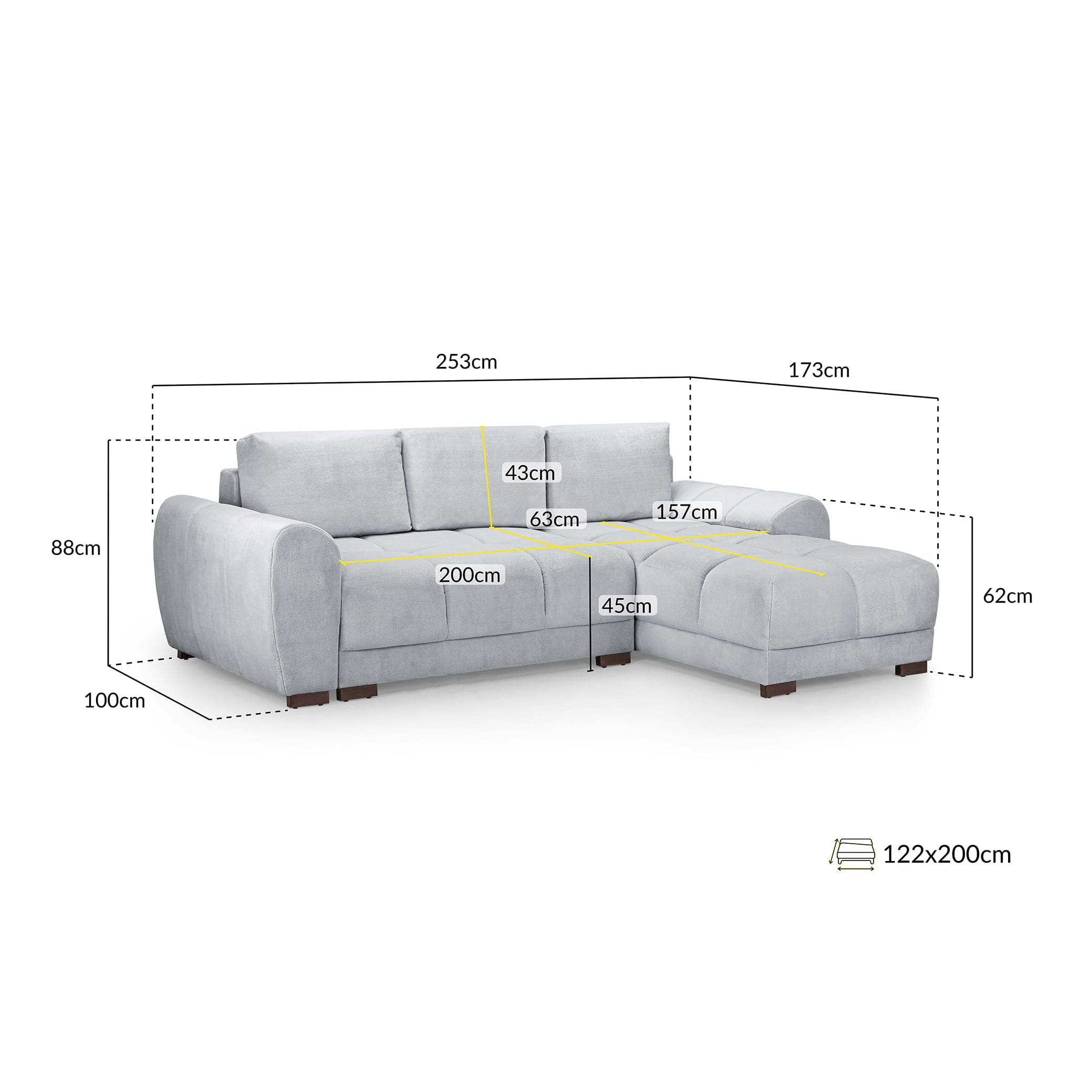 Devoke Sofabed Universal Corner Sofa in Grey - measurement view (7021962231872)