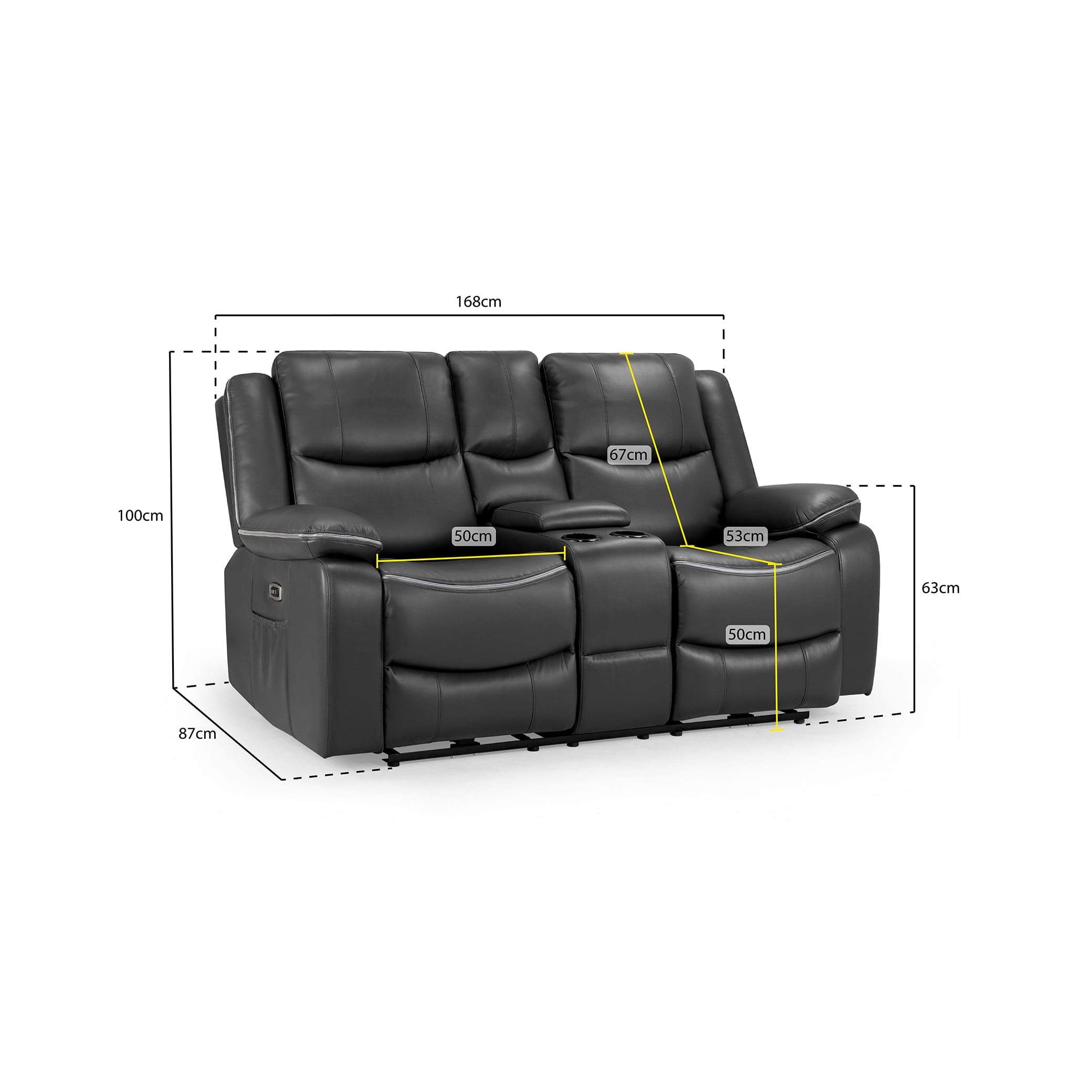Dexter 2 Seater Electric Recliner Sofa in Black - Measurement details view (7023520350272)