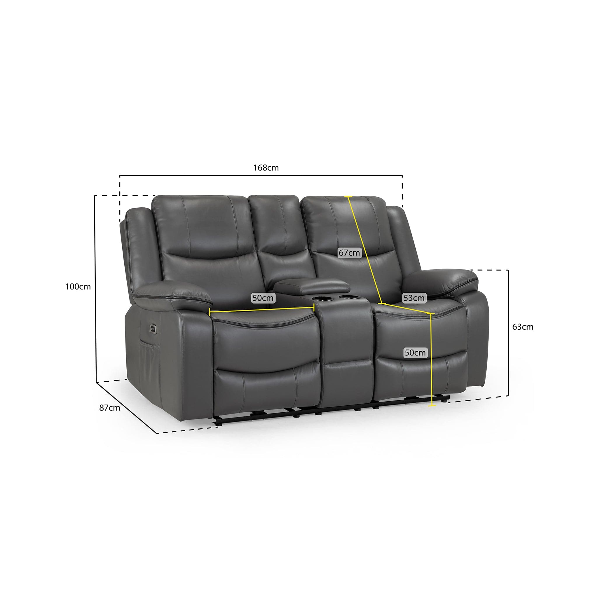 Dexter 2 Seater Electric Recliner Sofa in grey - Measurement details view (7023524970560)