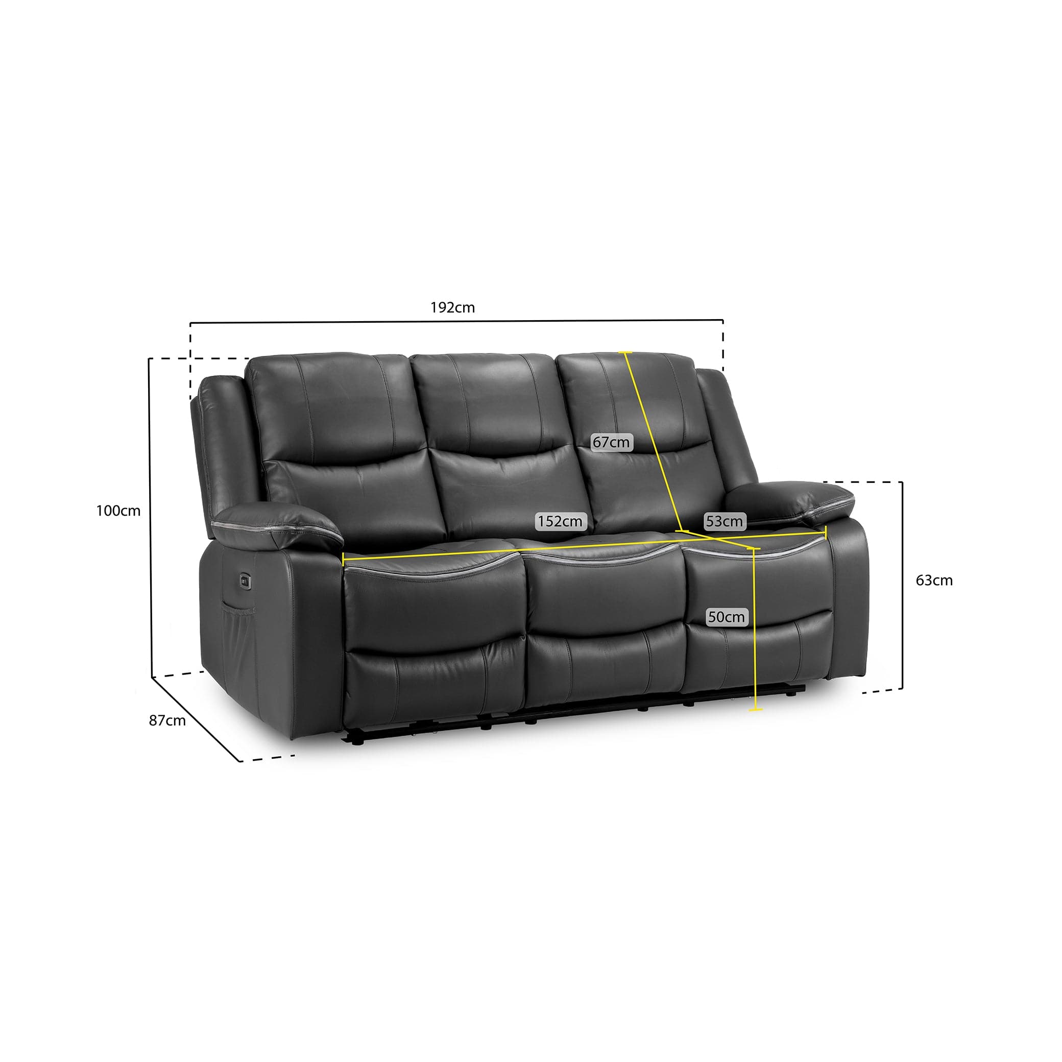 Dexter Electric Recliner Sofa Black 3 Seater - Measurement details view (7023520153664)