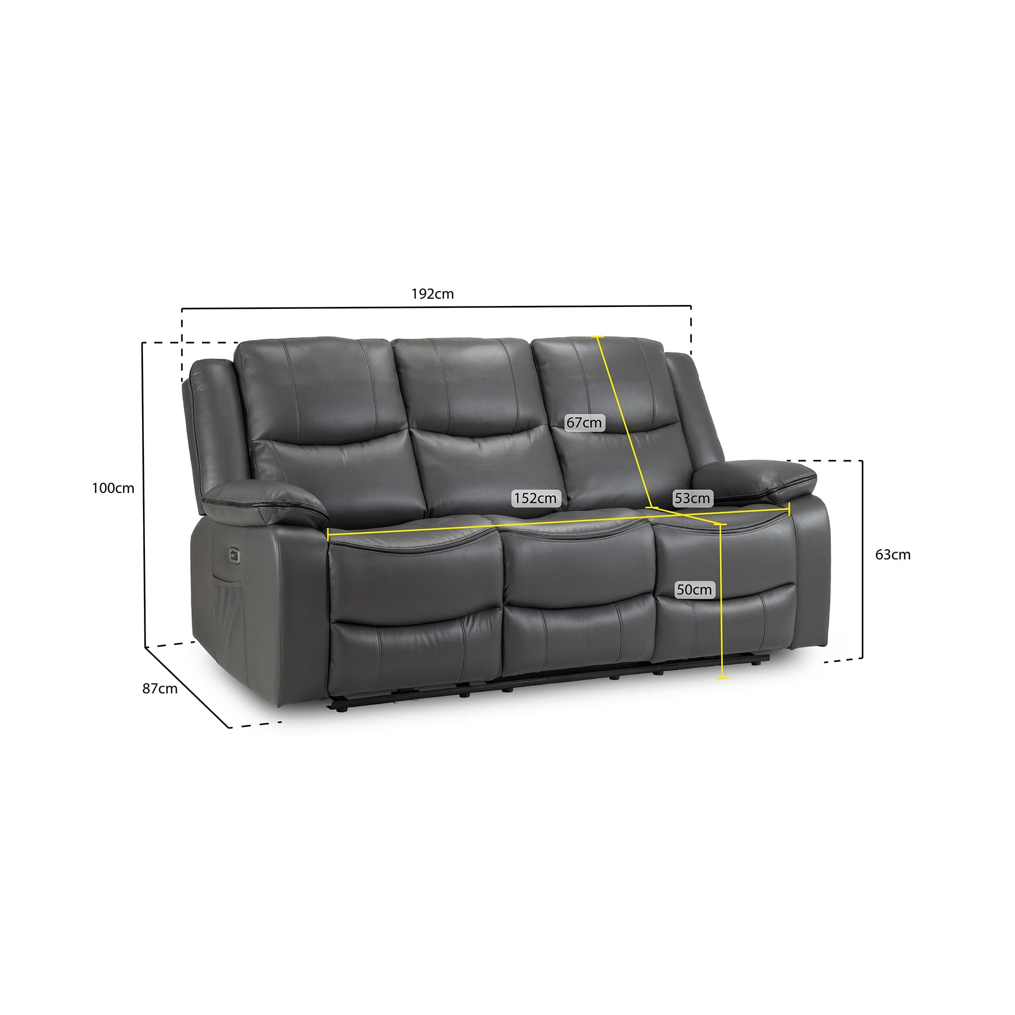 Dexter Electric Recliner Sofa Grey 3 Seater - Measurement details view (7023523332160)