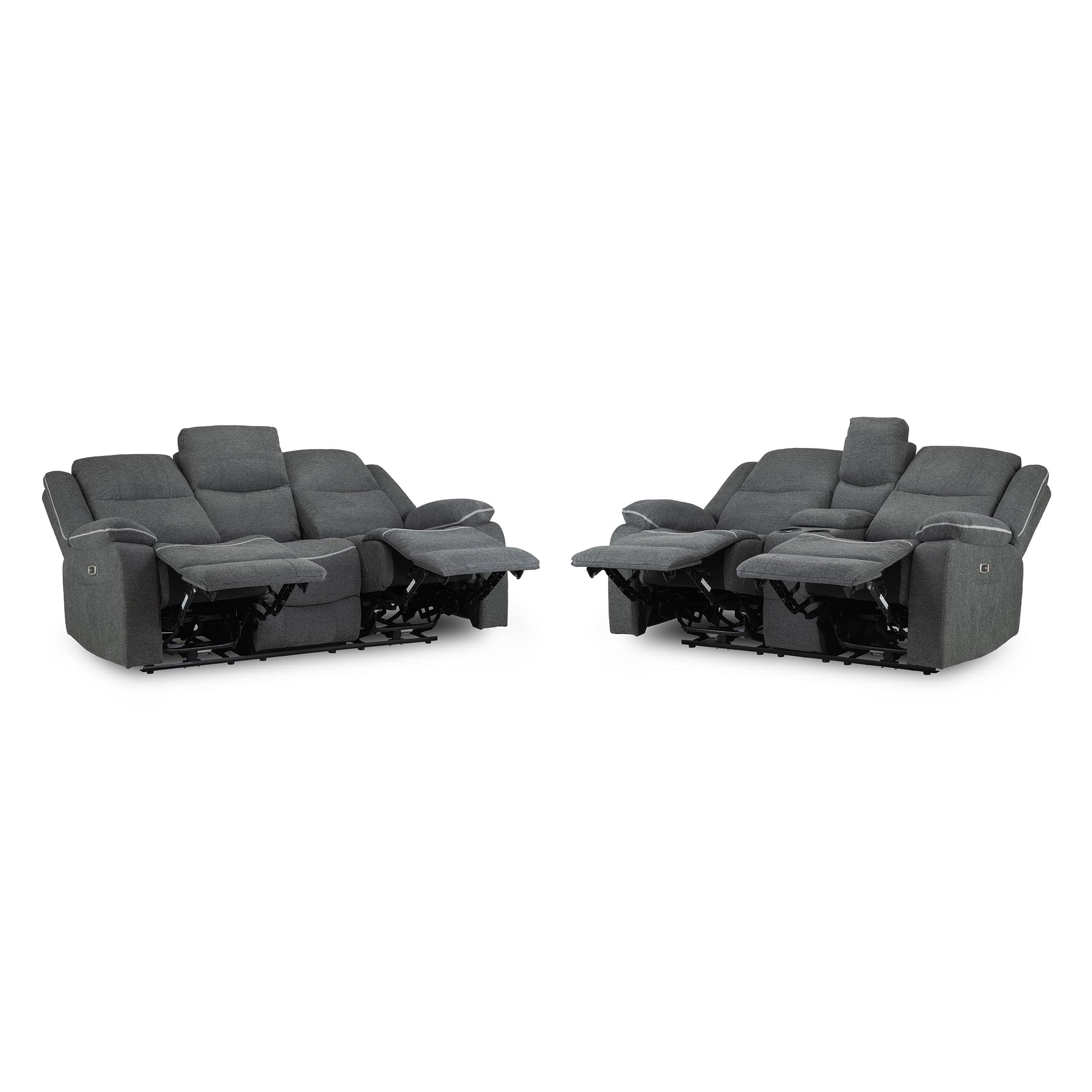 Dexter Electric Recliner Sofa Grey Fabric 3+2 Set fully extended, demonstrating (7023529132096)