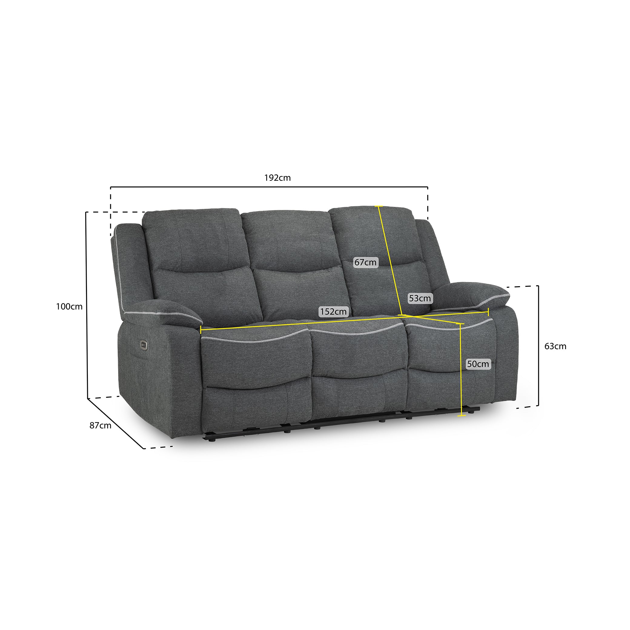 Dexter Electric Recliner Sofa Grey Fabric 3 Seater - Measurement details view (7023531688000)