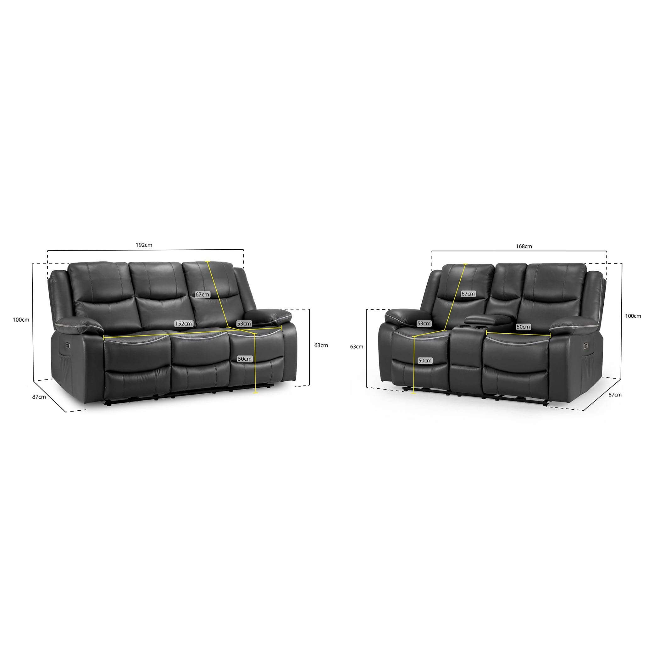 Electric Recliner Sofa Black 3 Seater - Measurement details view - Dexter (7023519924288)