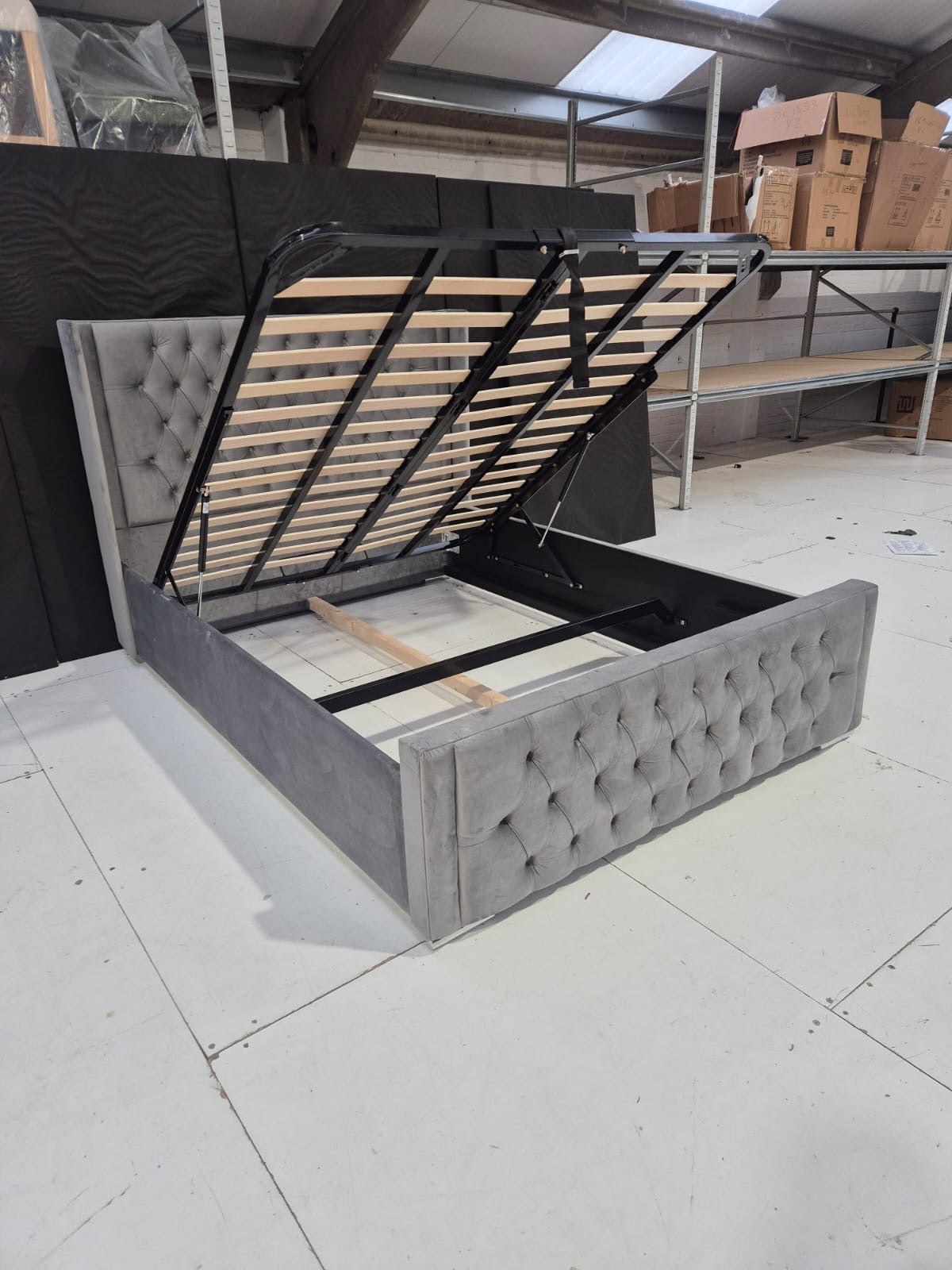 King Size Mulberry Bedframe in Plush Grey with Ottoman Storage