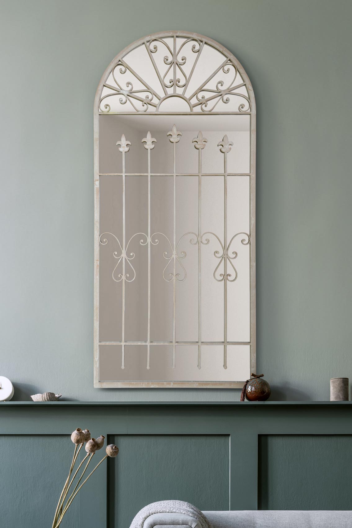 The Somerley - Extra Large Rustic Framed Arched Gothic Window Style Leaner Wall Mirror 55" X 26" (140CM X 65CM) Stone Colour (15010543763834)