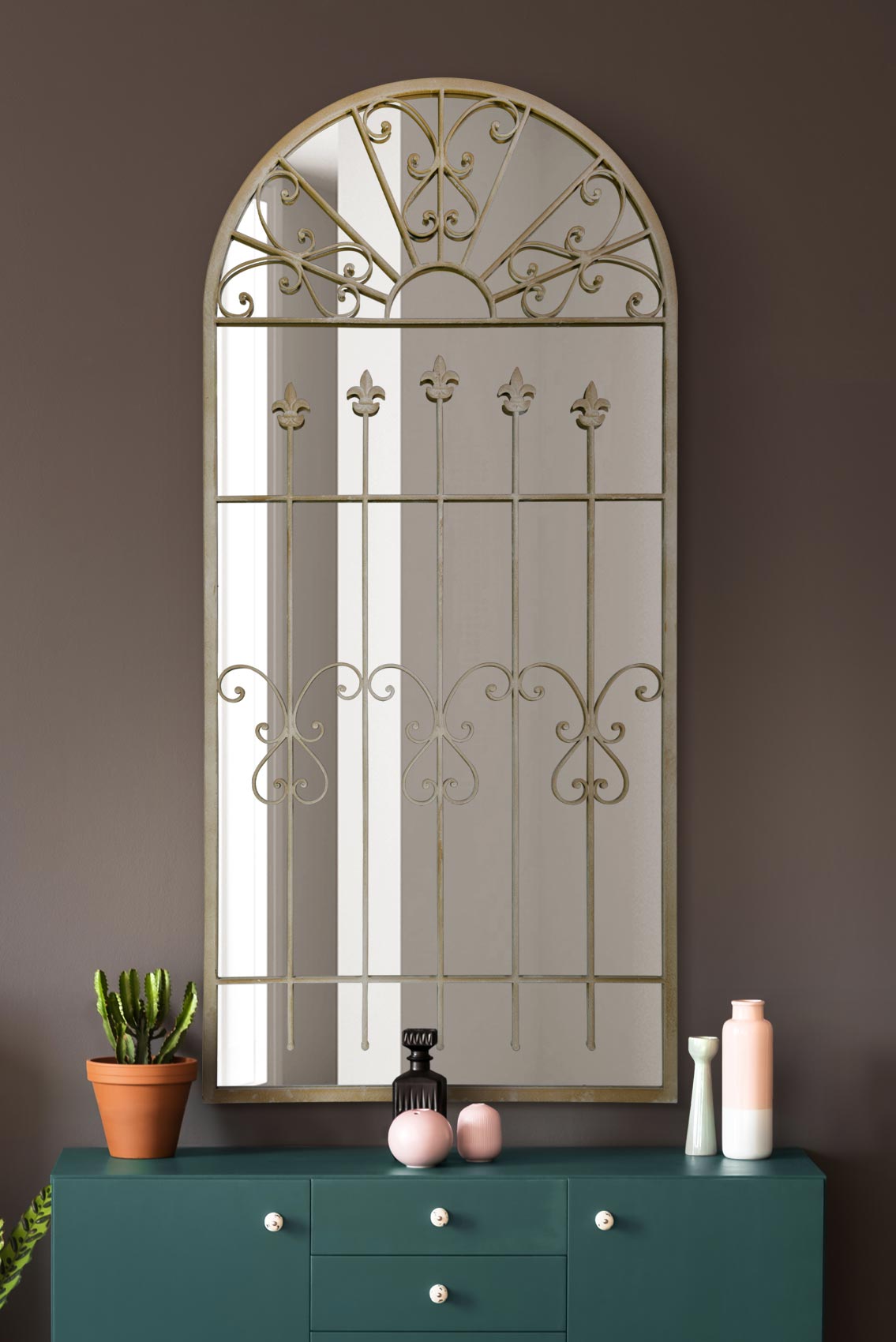 The Somerley - Extra Large Rustic Framed Arched Gothic Window Style Leaner Wall Mirror 63" X 30" (160CM X 75CM) Stone Colour (15010543862138)