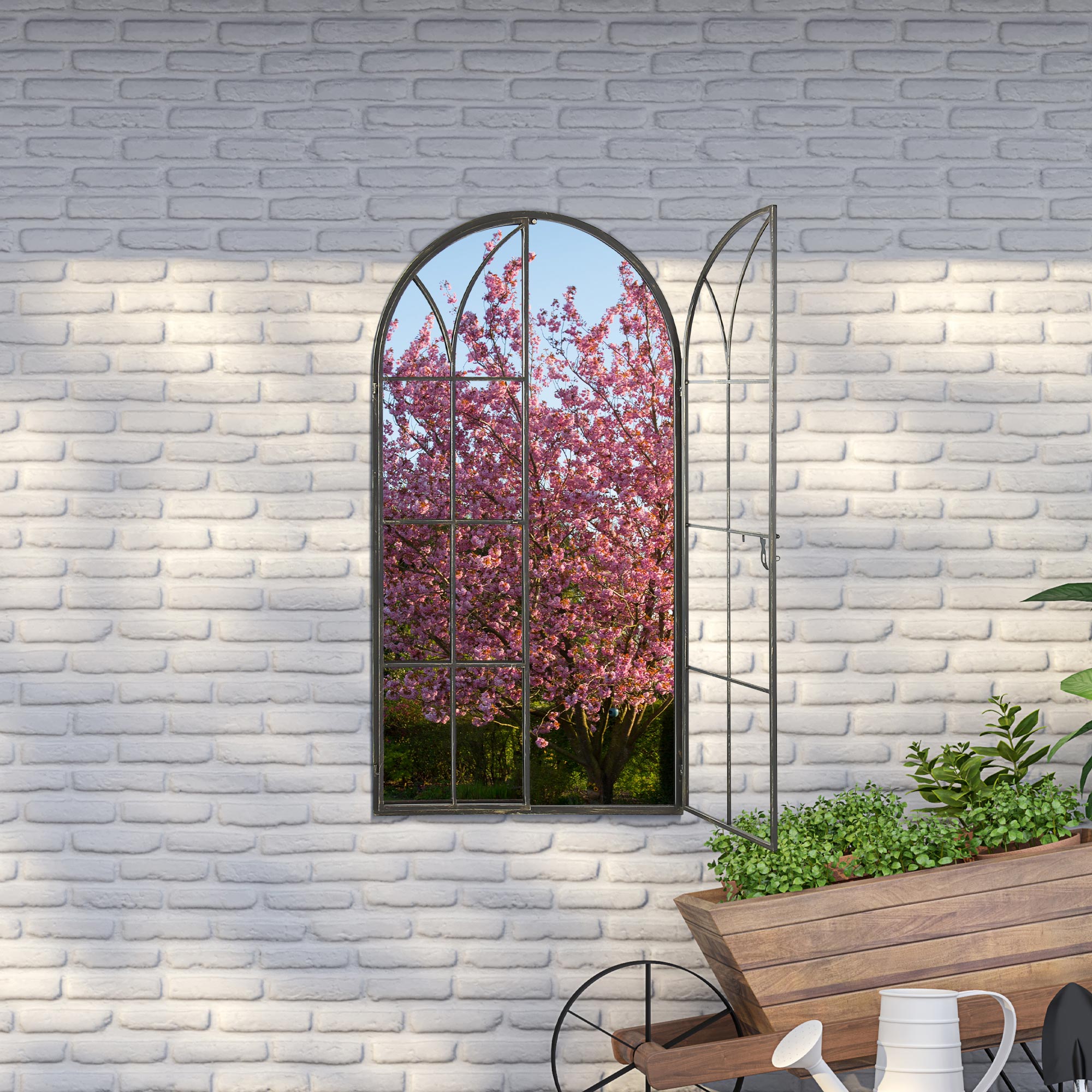 Summer View Metal Arch shaped Opening WIndow Garden Mirror 140cm X 75cm (15010544025978)
