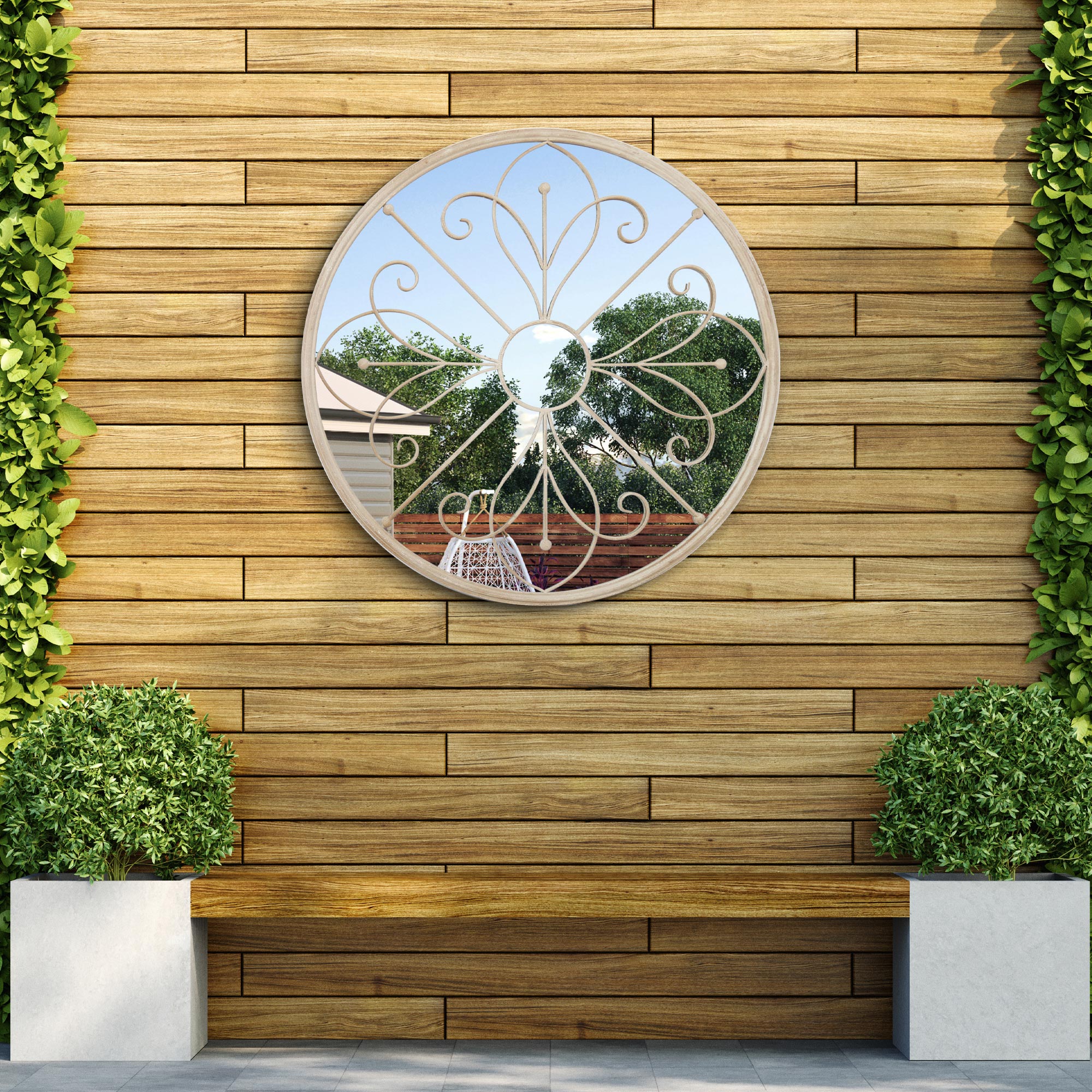 Summer Orchid Metal Circular Decorative Garden Mirror Cream 90cm X 90cm (15010544222586)