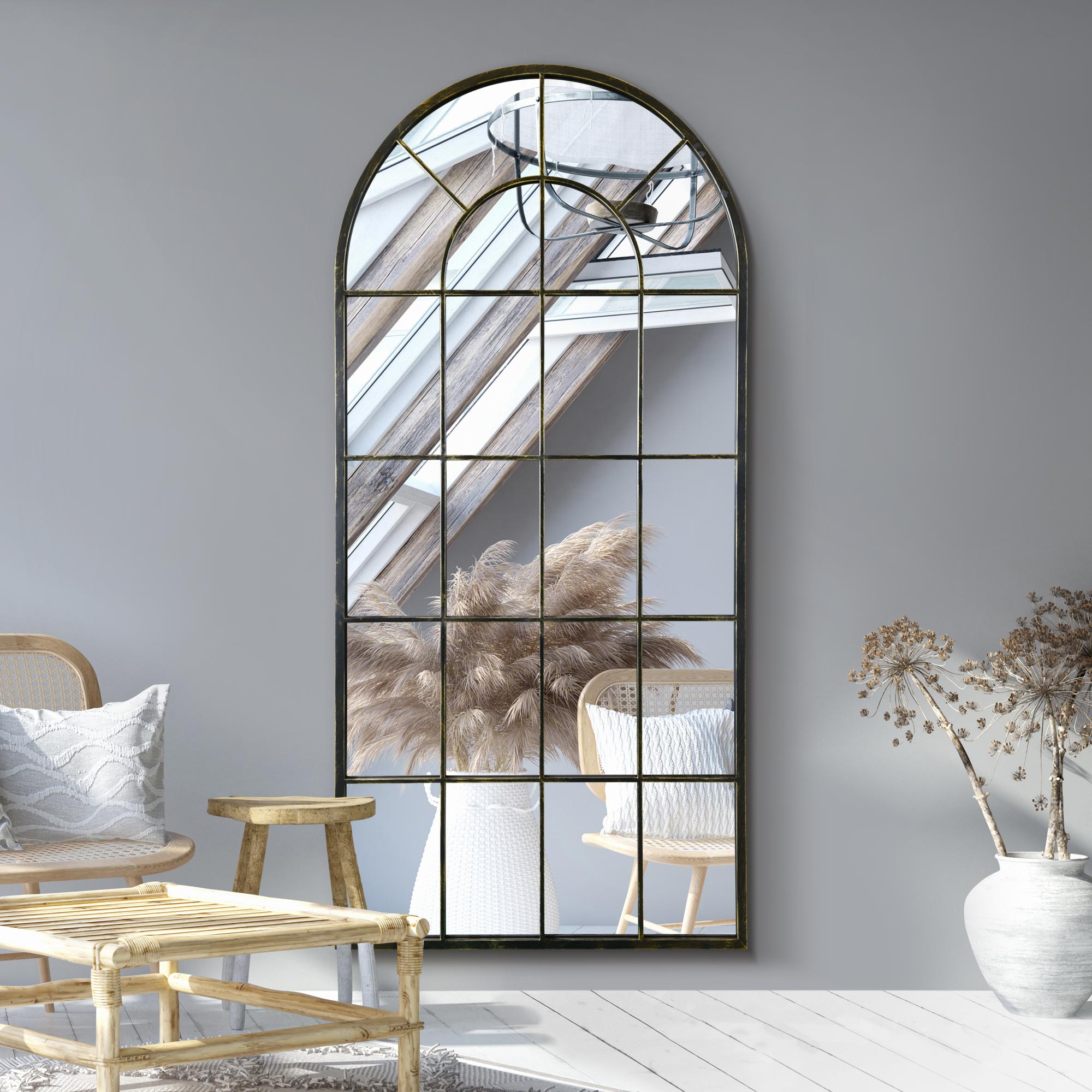 The Arcus - Antique Black Framed Arched Window Leaner/Wall Mirror 71" X 33.5" (180x85CM) (15010545566074)