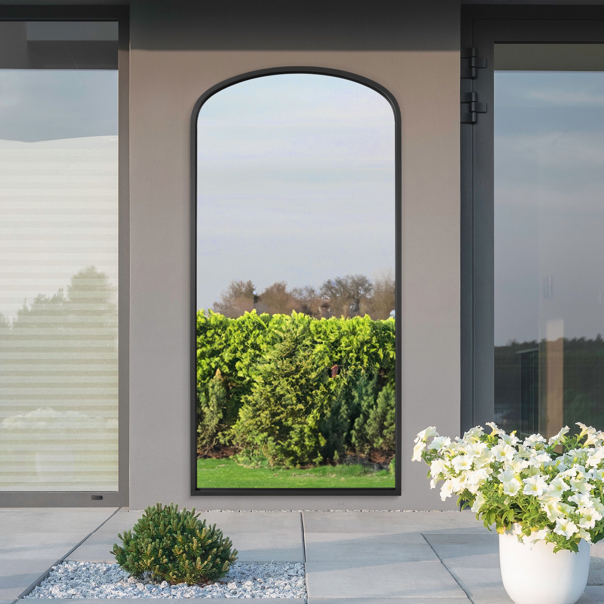 The Angustus - Black Metal Framed Arched Garden Wall Mirror 67"x33" (170x85CM) (15010546057594)