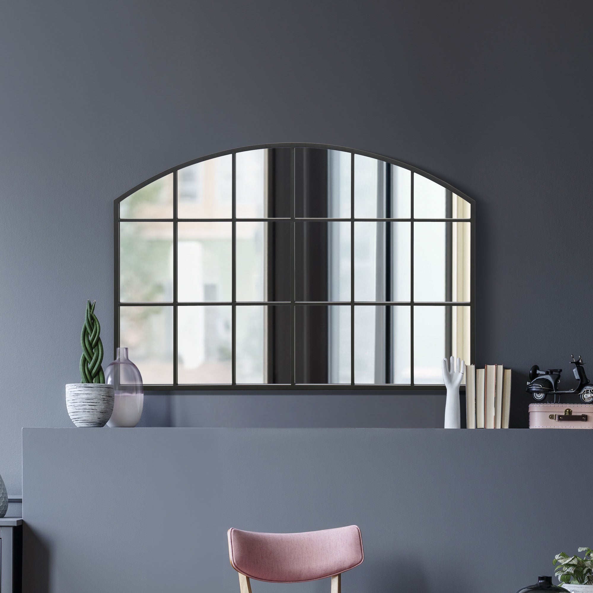 The Arcus - Black Framed Arched Wall Over Mantle Mirror 43" X 29" (110CM X 75CM) (15010549596538)