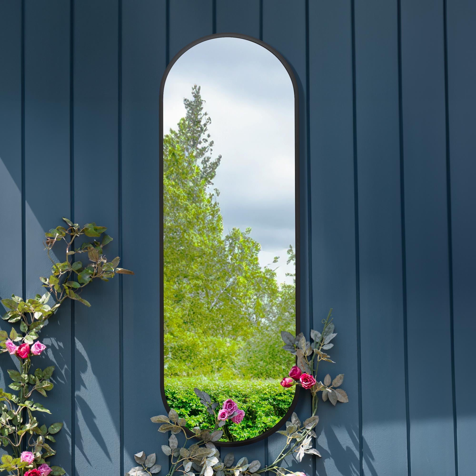 The Vultus - New Black Metal Framed Double Arched Garden Wall Mirror 71" X 24" (180CM X 60CM) Suitable for Outside and Inside (15010553692538)