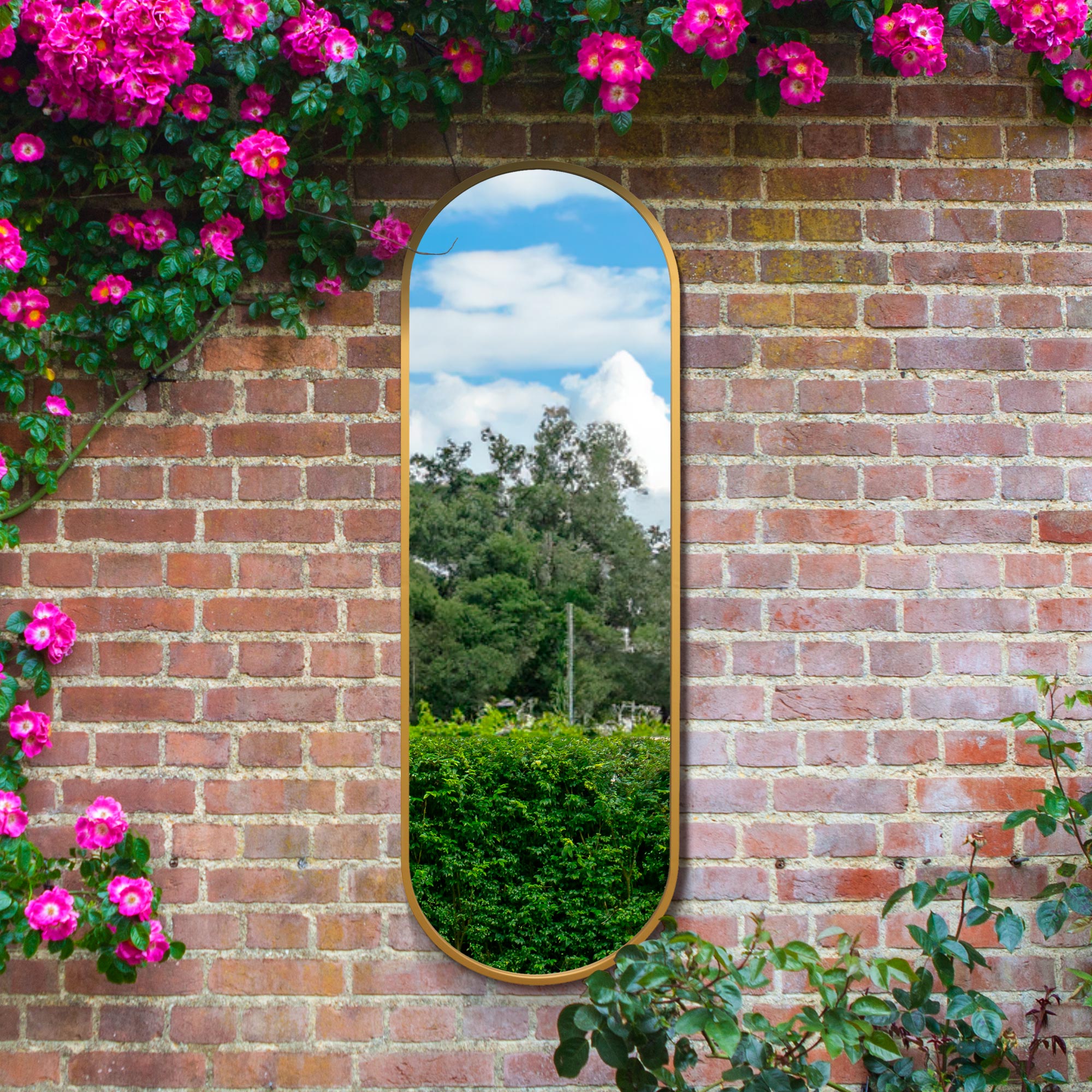The Vultus - New Gold Metal Framed Double Arched Garden Wall Mirror 71" X 24" (180CM X 60CM) Suitable for Outside and Inside (15010553758074)