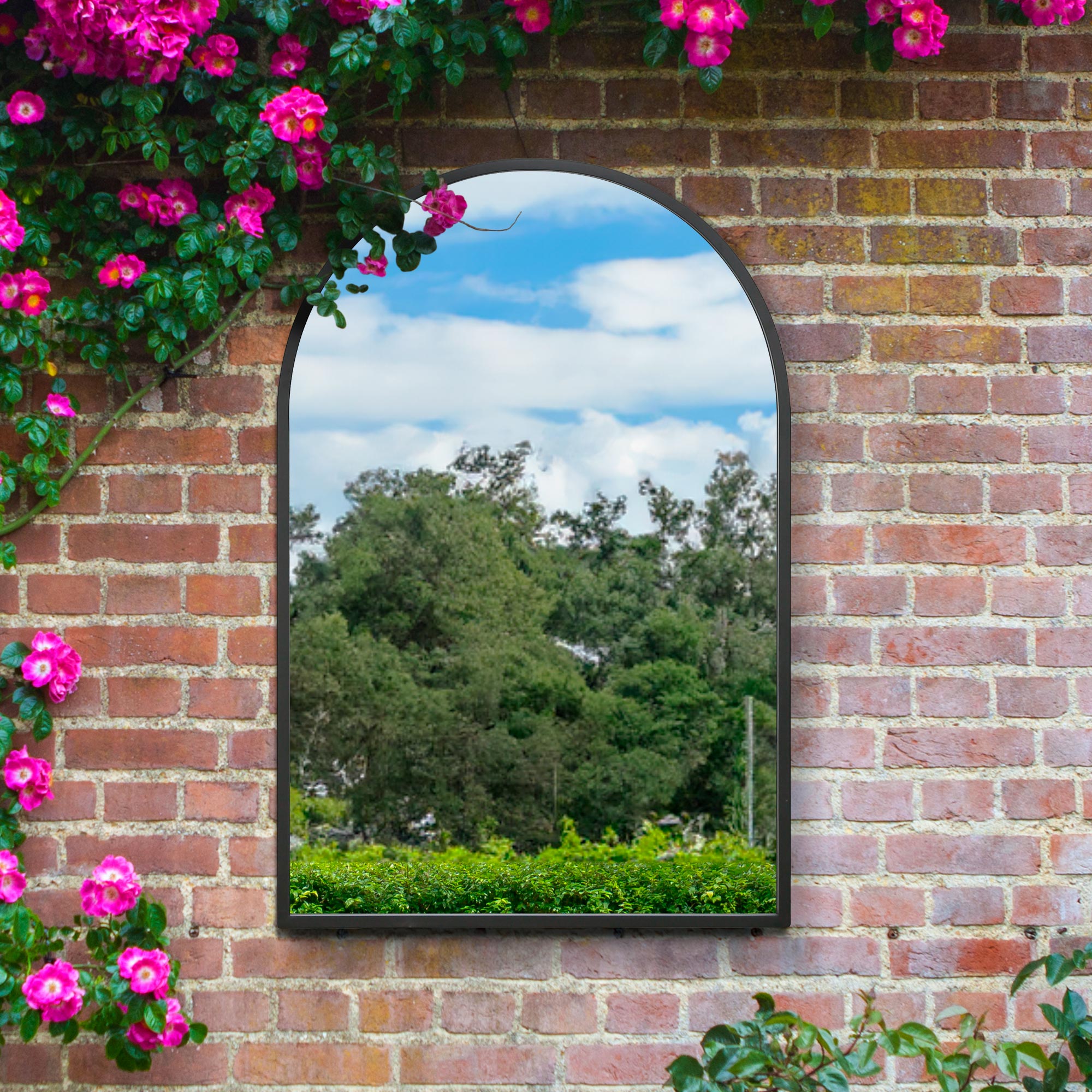 The Arcus - Black Metal Framed Arched Garden Wall Mirror 47" X 31" (120CM X 80CM). Suitable for Outside and Inside. (15010553823610)