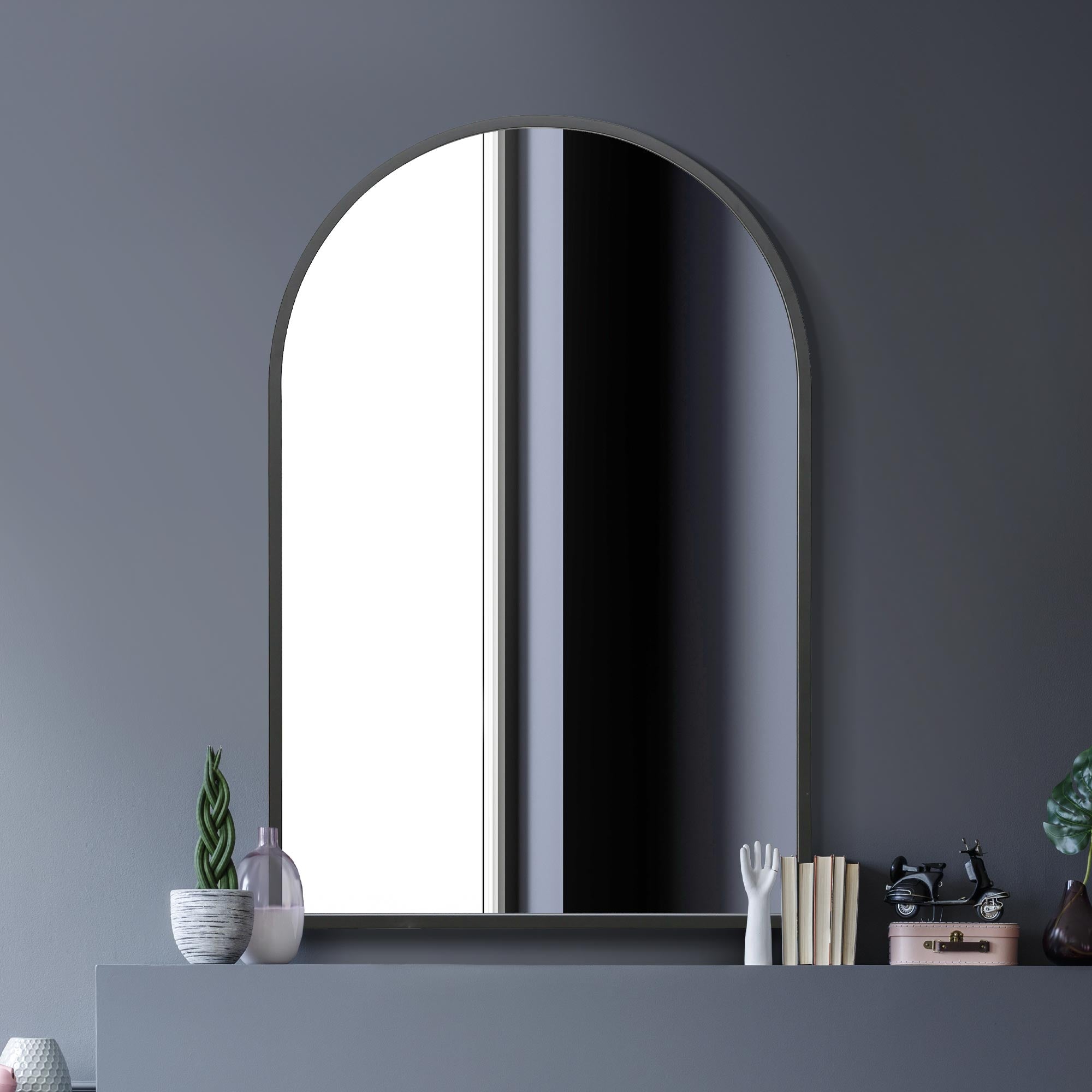 The Arcus - Black Metal Framed Arched Wall Mirror 47" X 31" (120CM X 80CM). Suitable for Inside and Outside. (15010553856378)