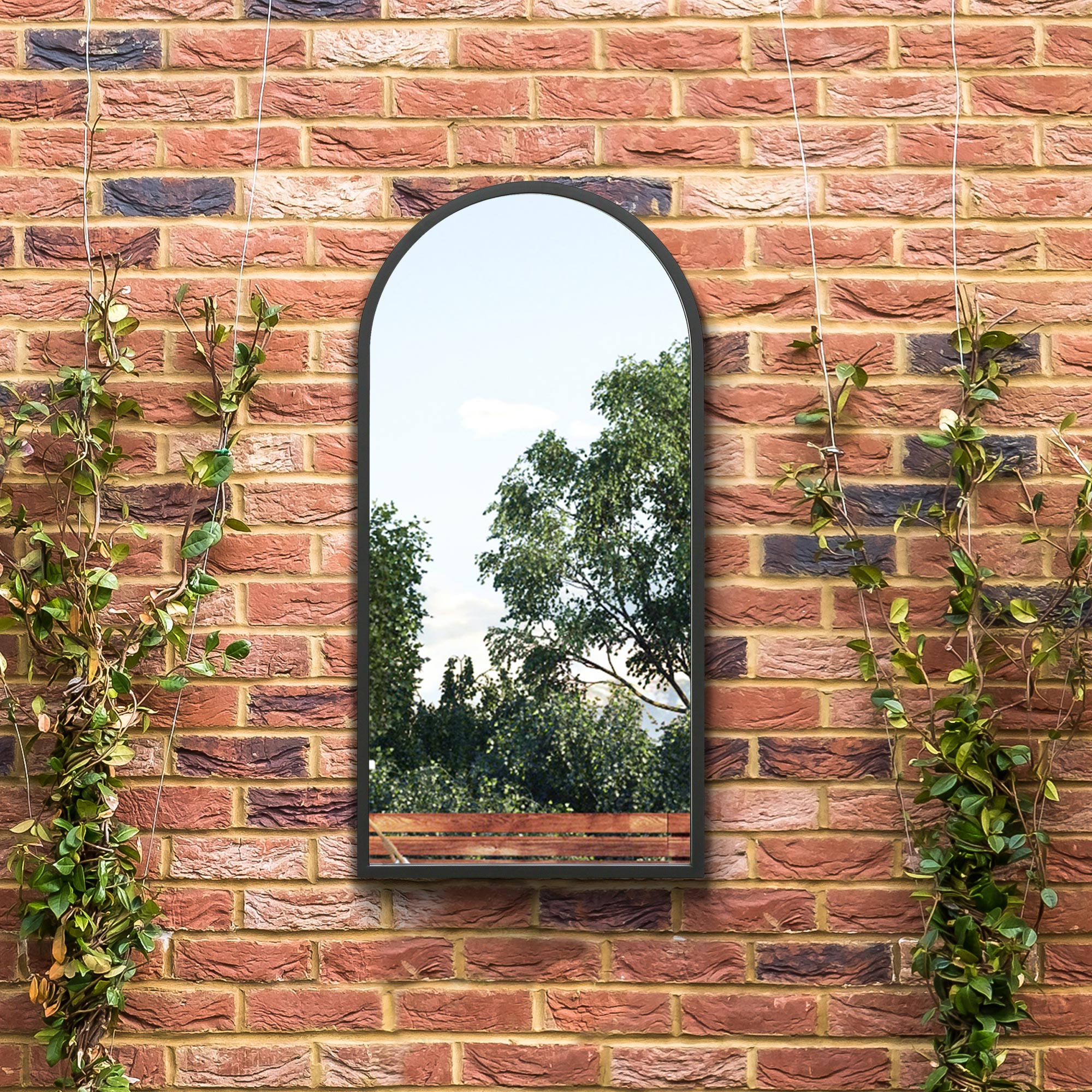 The Arcus - Black Metal Framed Arched Garden Wall Mirror 31" X 16" (80CM X 40CM). Suitable for Outside and Inside. (15010553954682)