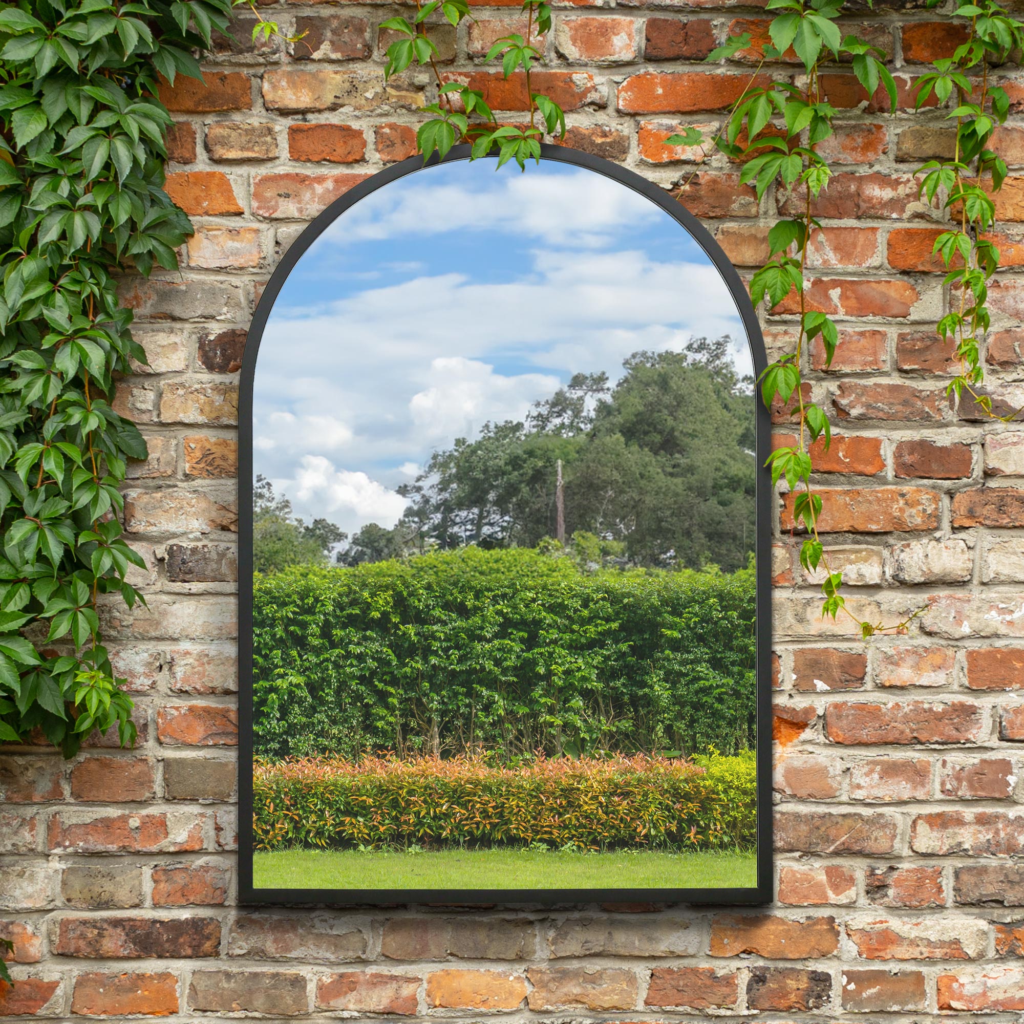 The Arcus - Black Metal Framed Arched Garden Wall Mirror 39" X 27" (100CM X 70CM). Suitable for Outside and Inside! (15010554118522)
