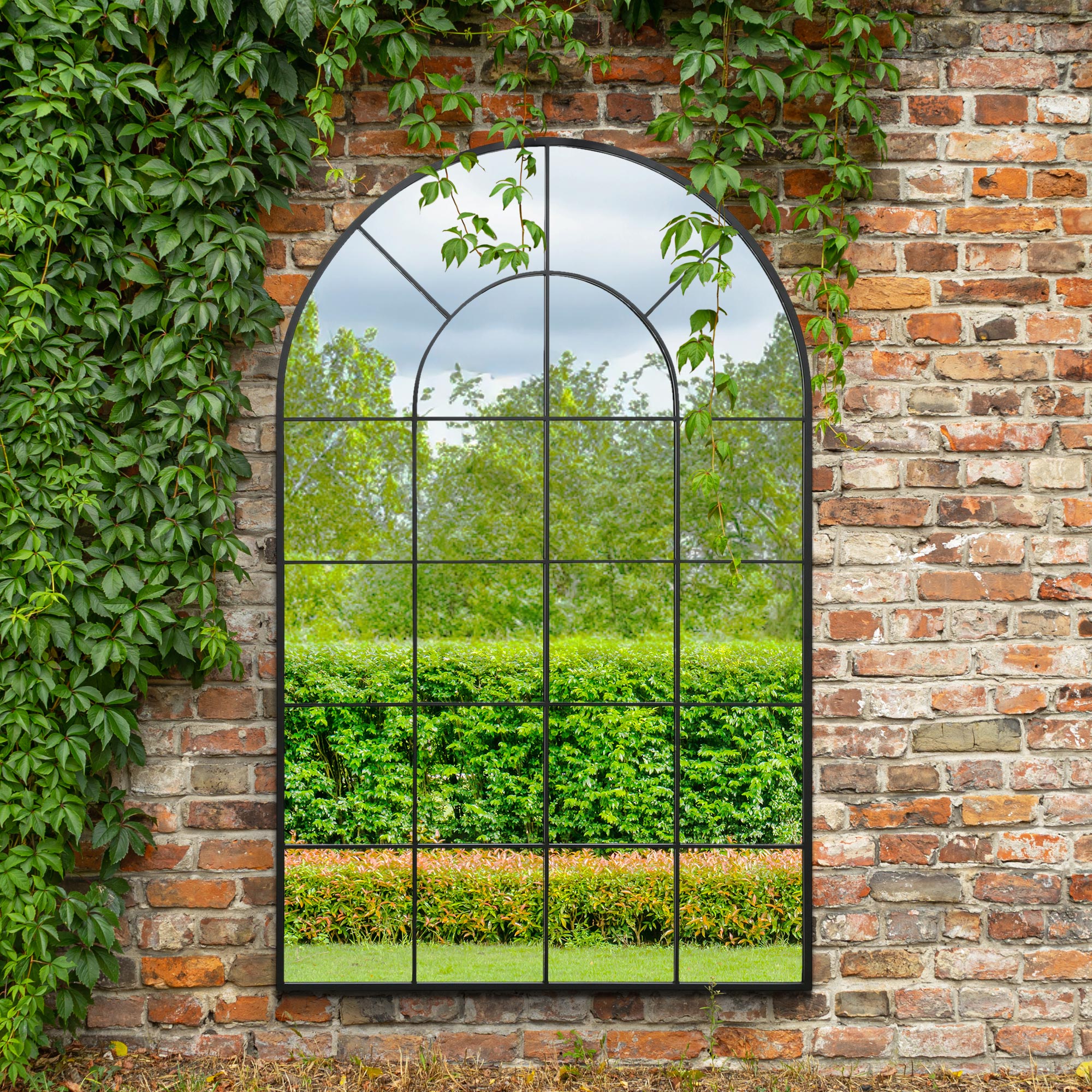 The Arcus - Black Framed Arched Window Garden Mirror 75" X 47" 190 x 120CM. Suitable for Outside and Inside! (15010554610042)