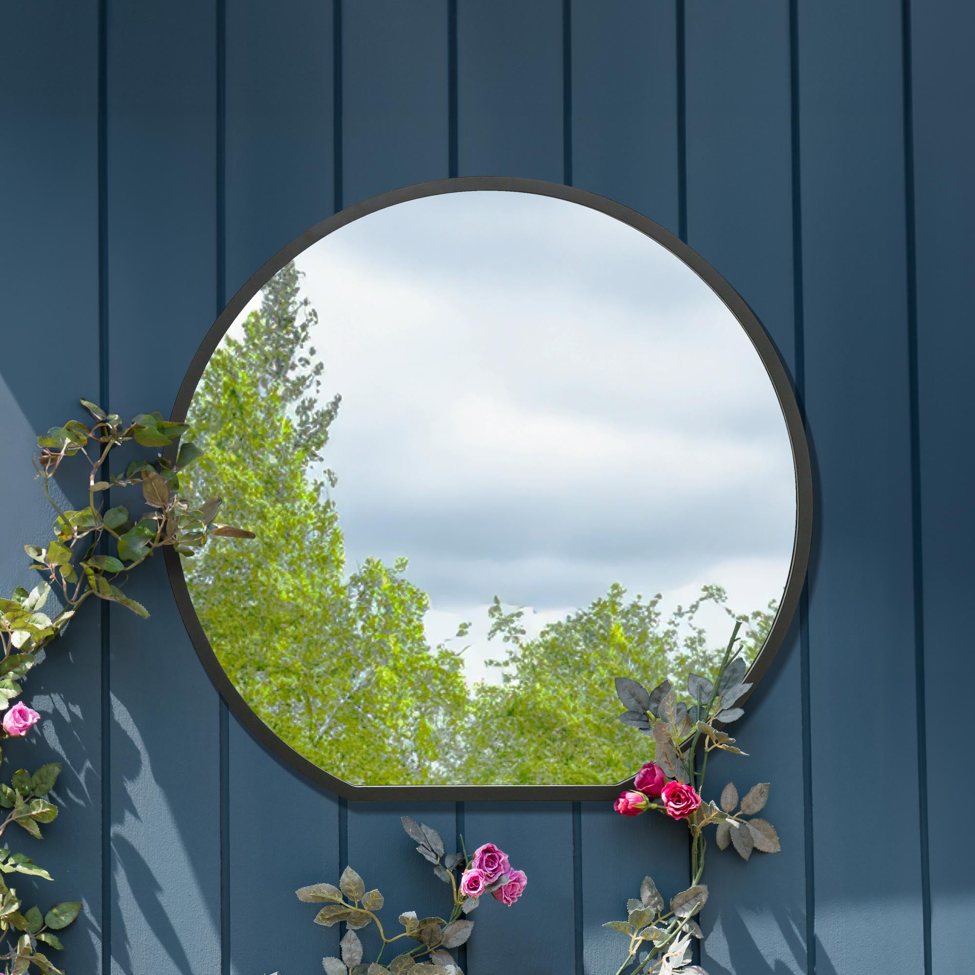 The Circulus - Black Framed Flat Bottom Circular Garden Wall Mirror - Perfect for the Mantle! 33" X 31" (84CM X 80CM) (15010555593082)