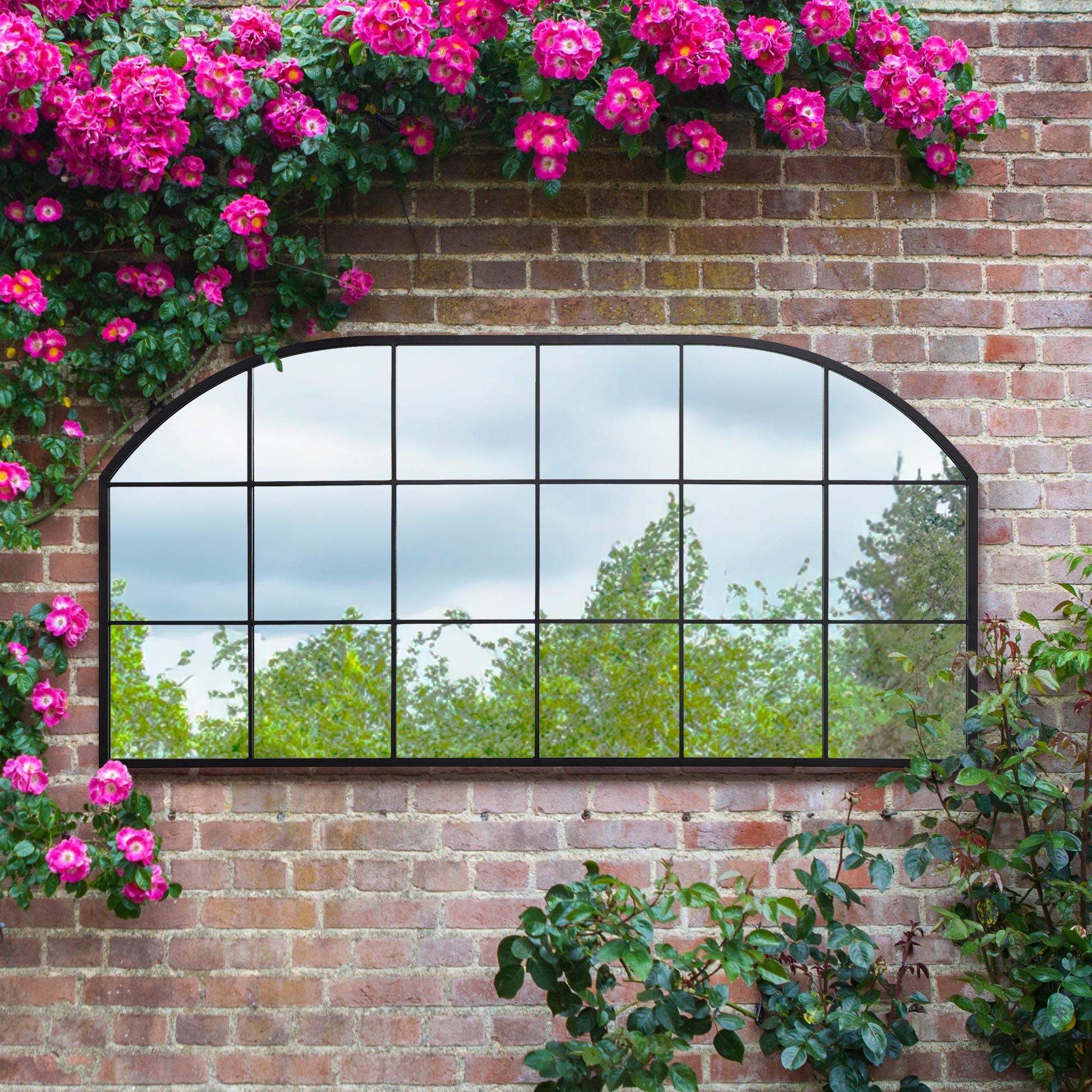 The Arcus - Black Metal Framed Window Arched Garden Wall or Fence Mirror 69" X 33" (174CM X 85CM) (15010556150138)