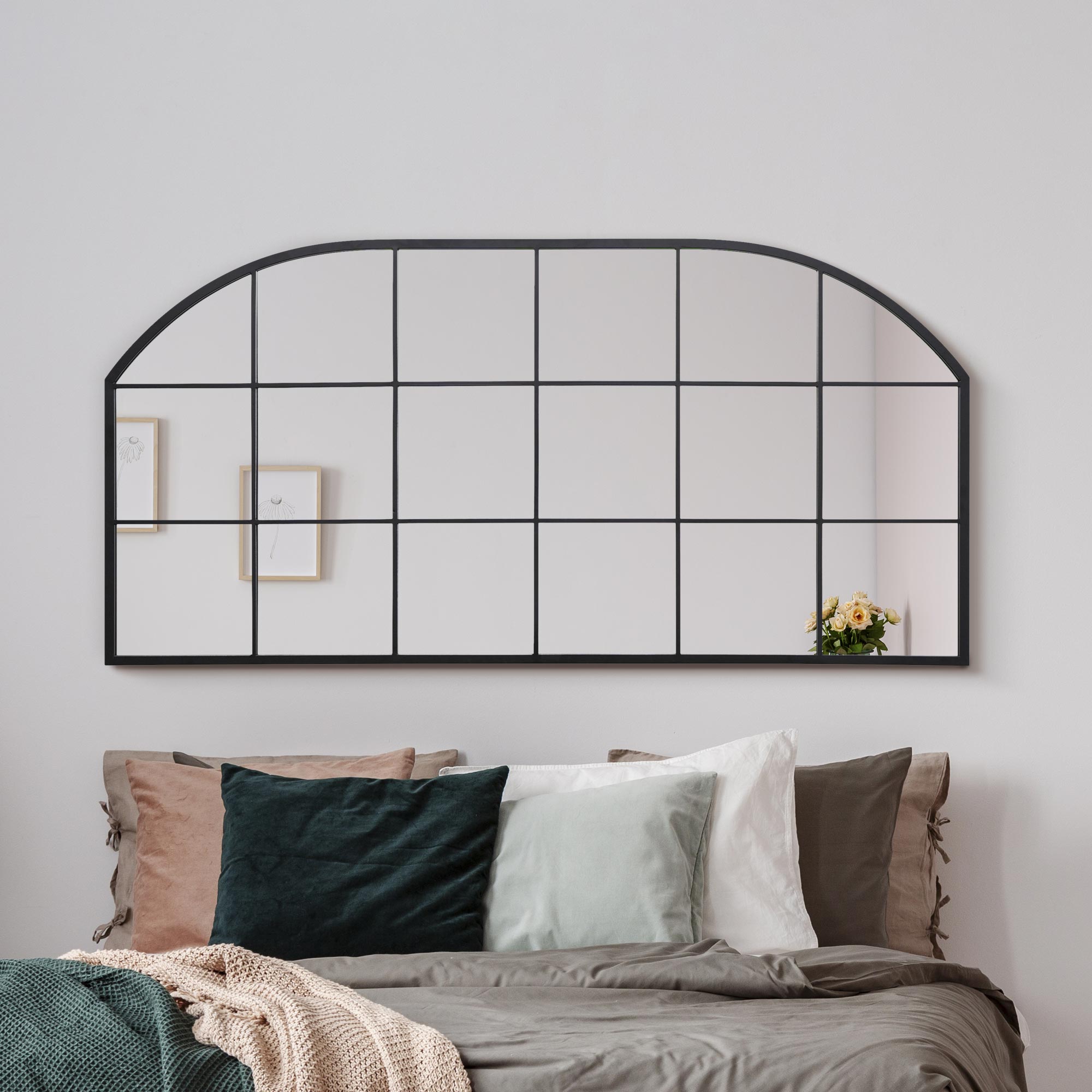 The Arcus - Black Metal Framed Window Arched Wall or Mantle Mirror 69" X 33" (174CM X 85CM) (15010556215674)