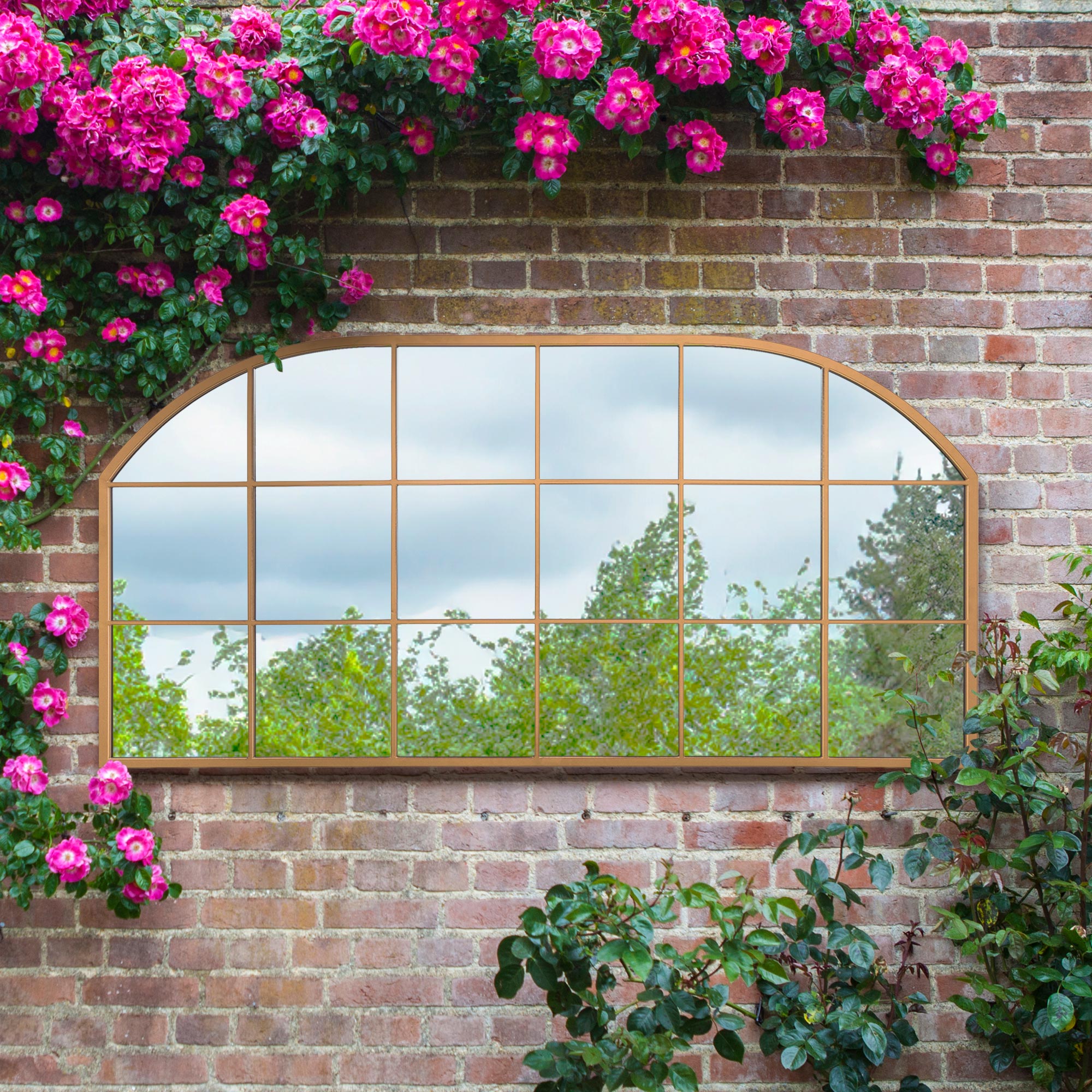 The Arcus - Gold Metal Framed Window Arched Garden Wall or Fence Mirror 69" X 33" (174CM X 85CM) (15010556248442)