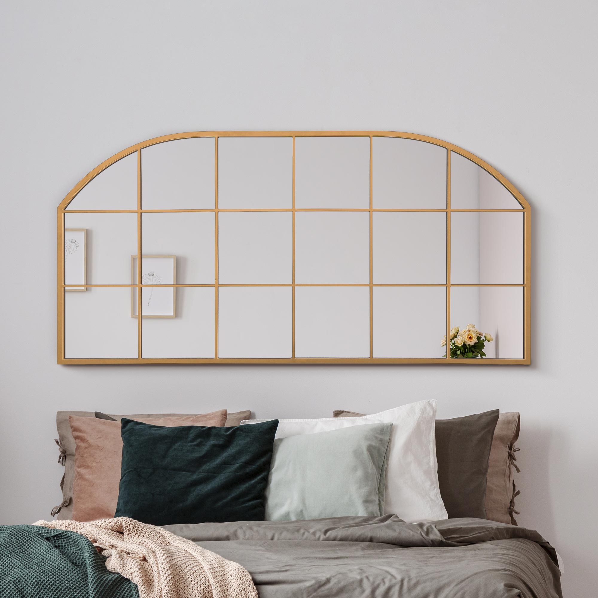 The Arcus - Gold Metal Framed Window Arched Wall or Mantle Mirror 69" X 33" (174CM X 85CM) (15010556313978)