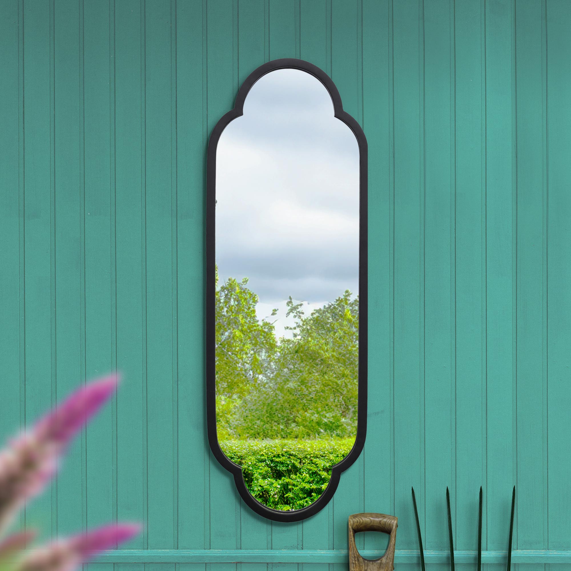 The Duplici - New Black Metal Framed Double Arched Oval Garden Wall Mirror 40" X 14" (102CM X 35.5CM) (15010556379514)