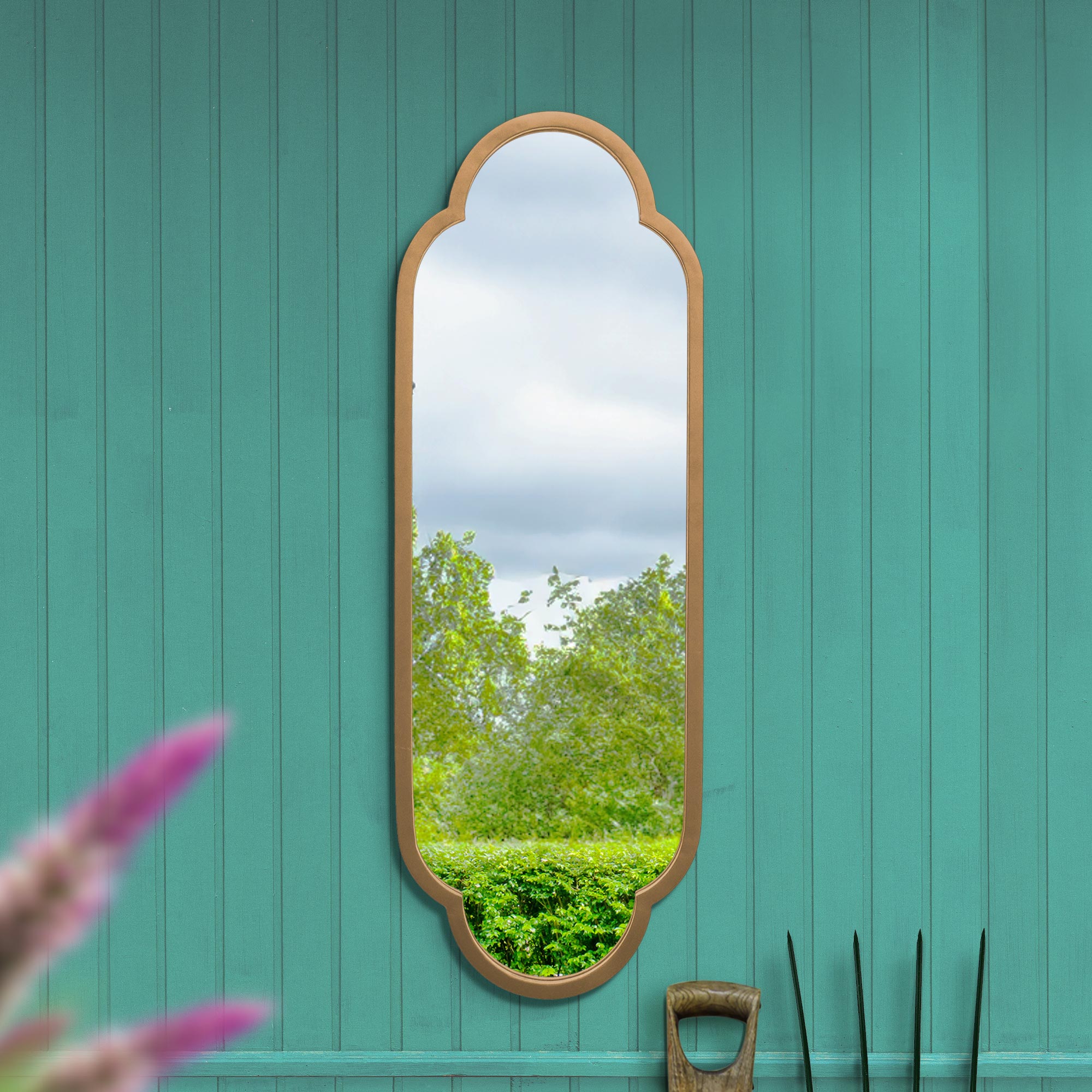 The Duplici - New Gold Metal Framed Double Arched Oval Garden Wall Mirror 40" X 14" (102CM X 35.5CM) (15010556510586)