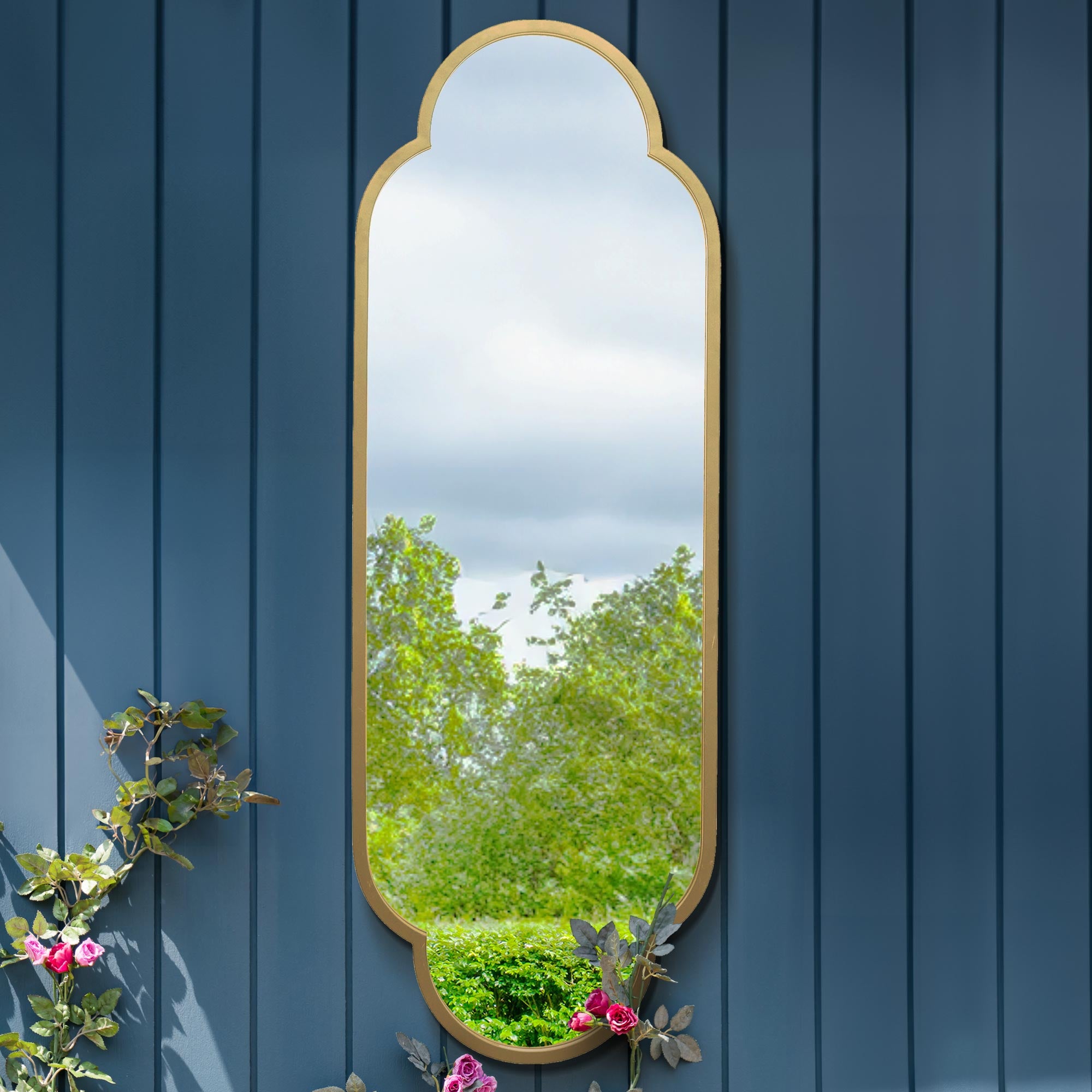 The Duplici - New Gold Metal Framed Double Arched Oval Garden Wall Mirror 59" X 20" (150CM X 52CM) (15010556772730)