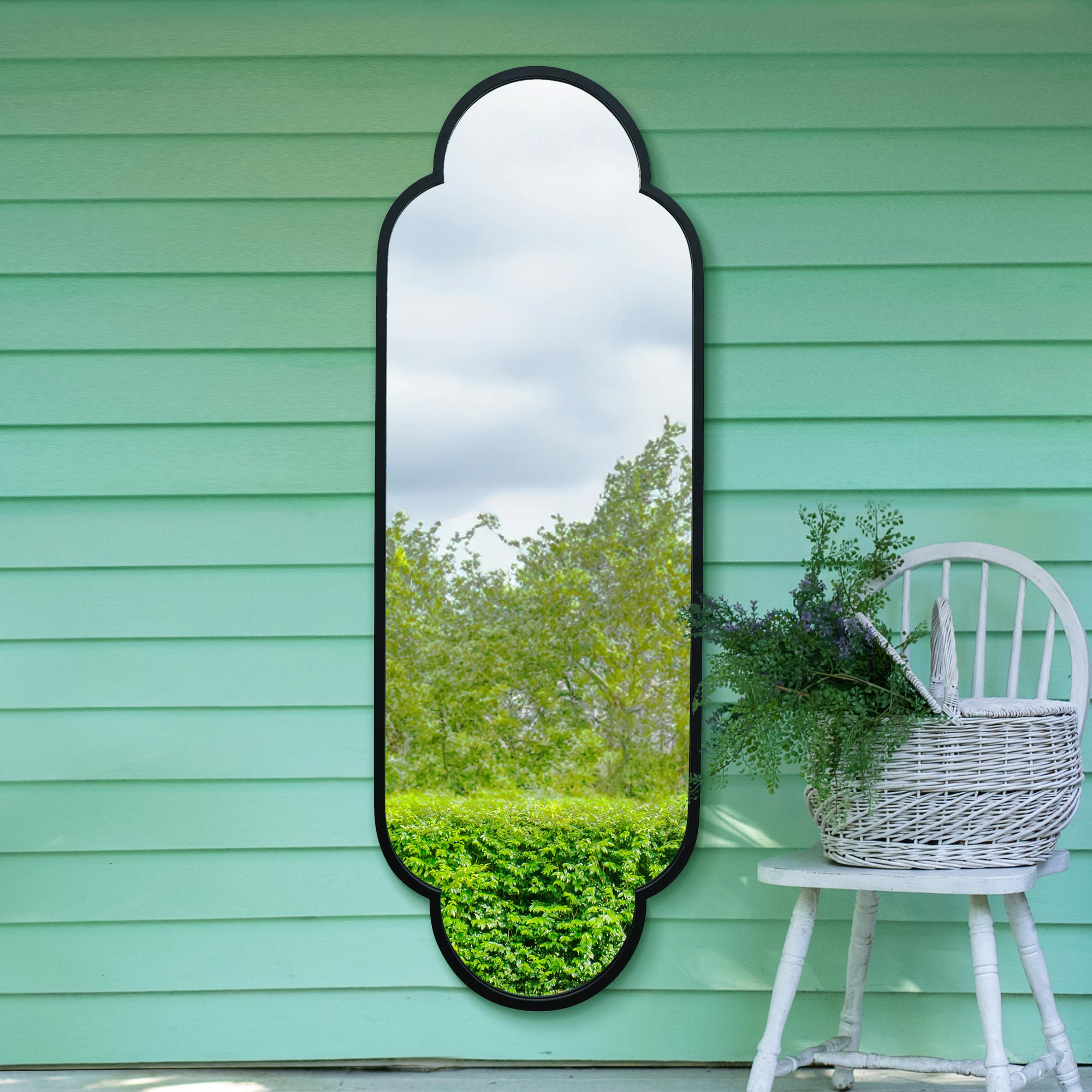The Duplici - New Black Metal Framed Double Arched Oval Garden Wall Mirror 67" X 23" (170CM X 59M) (15010556903802)