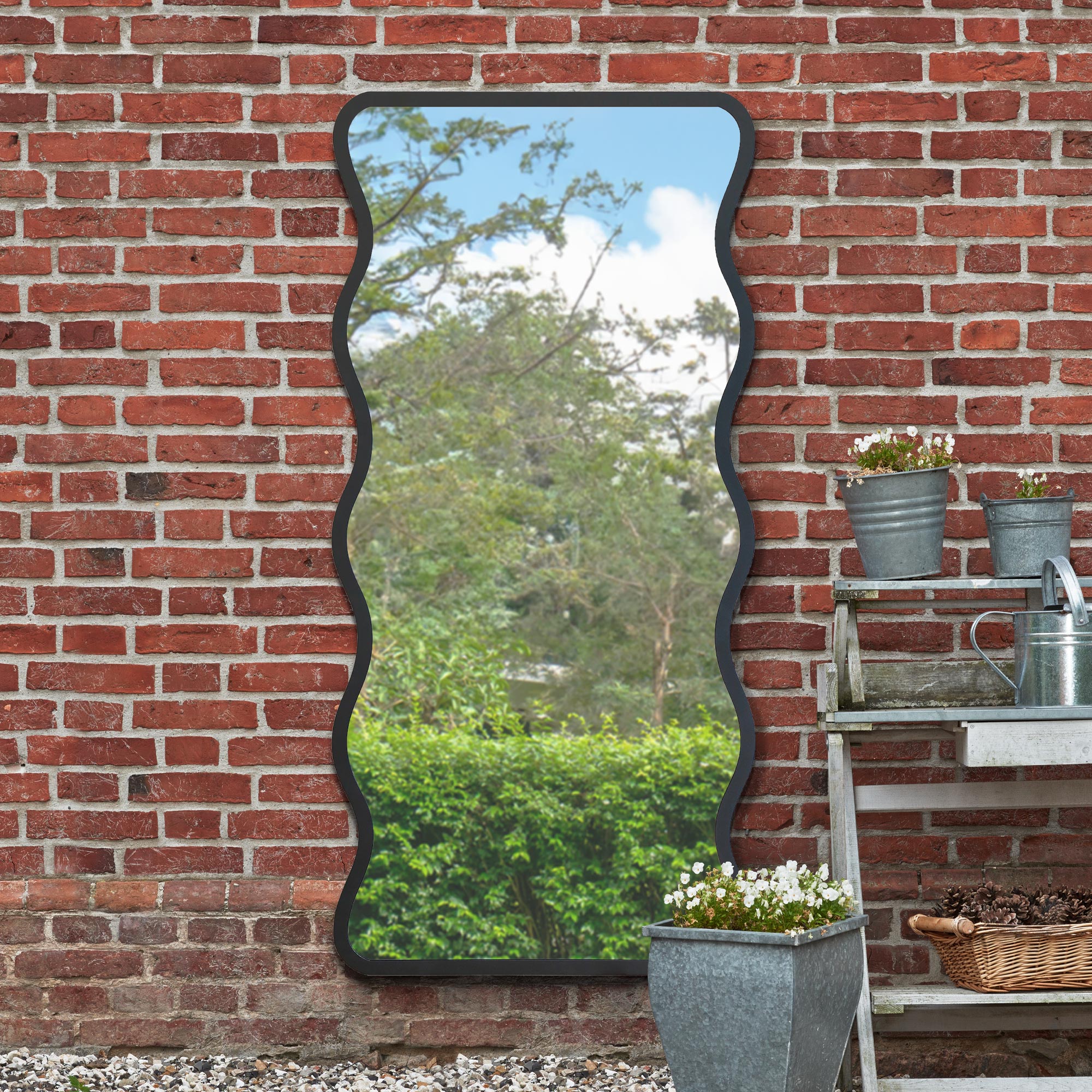 The Fluctus - New Black Metal Rectangular Wavy Framed Garden Wall Mirror. Landscape or Portrait 67" X 31" (170CM X 80CM). (15010557362554)