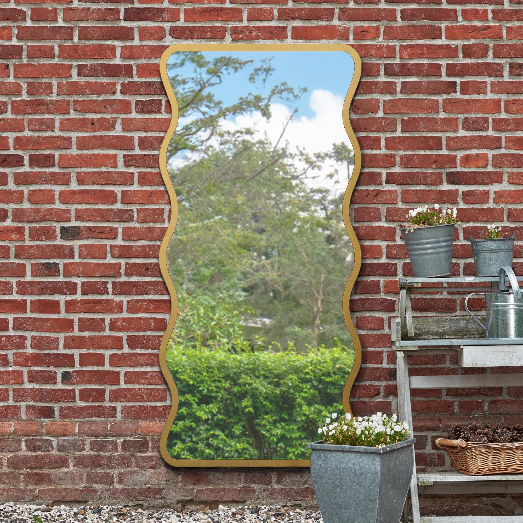 The Fluctus - New Gold Metal Rectangular Wavy Framed Garden Wall Mirror. Landscape or Portrait 67" X 31" (170CM X 80CM). (15010557460858)