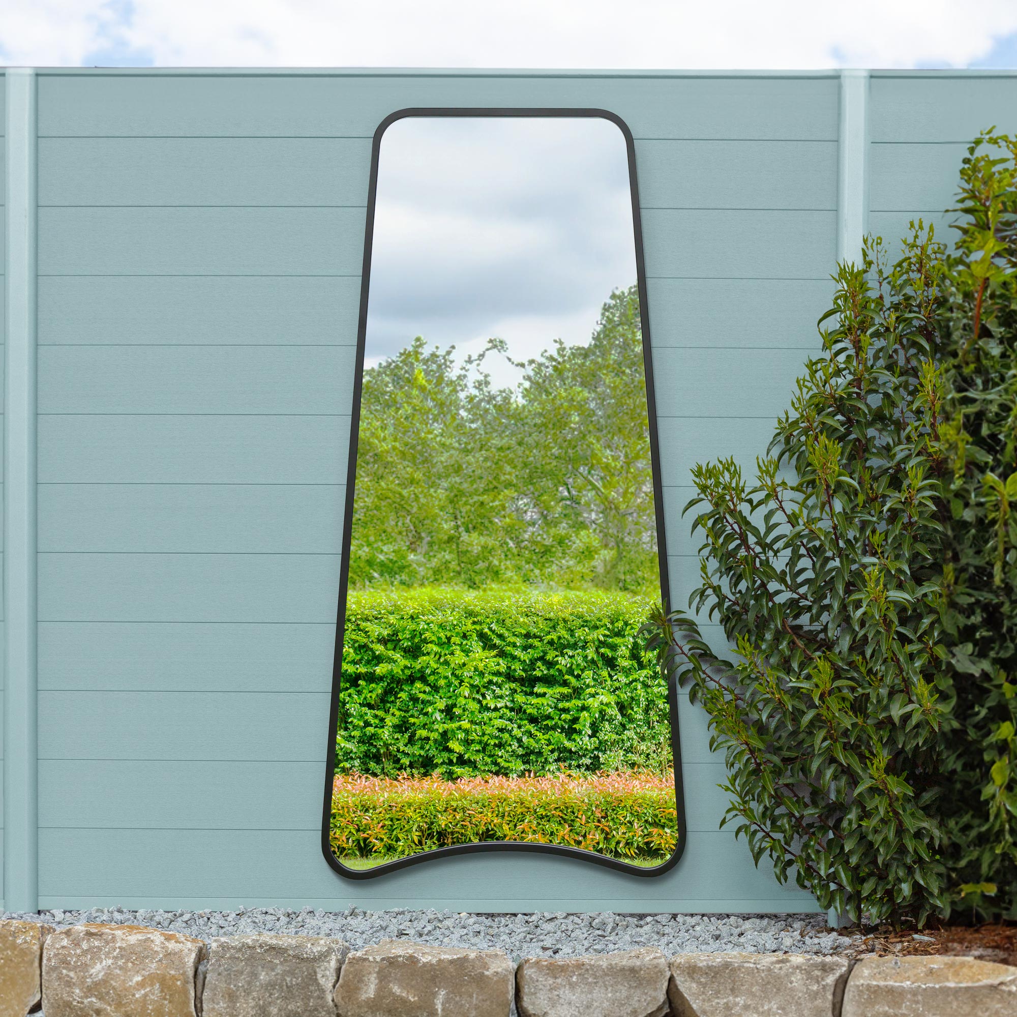 The Coartans - New Black Metal Isoscelles Trapezoid Shape Framed Garden Wall Mirror with arched bottom. 71" X 34" (180CM X 85CM) (15010557723002)