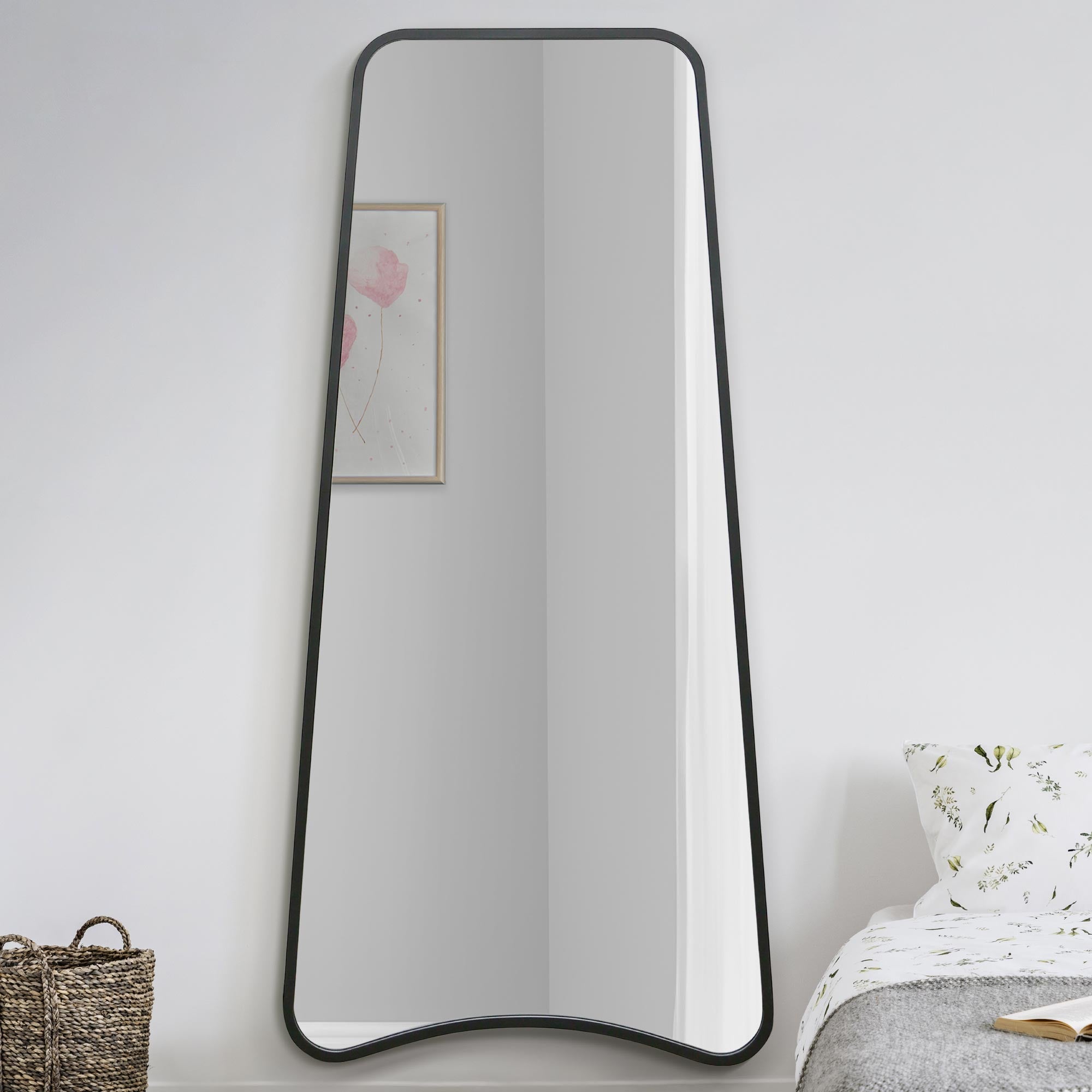 The Coartans - New Black Metal Isoscelles Trapezoid Shape Framed Wall Mirror with arched bottom. 71" X 34" (180CM X 85CM). (15010557755770)