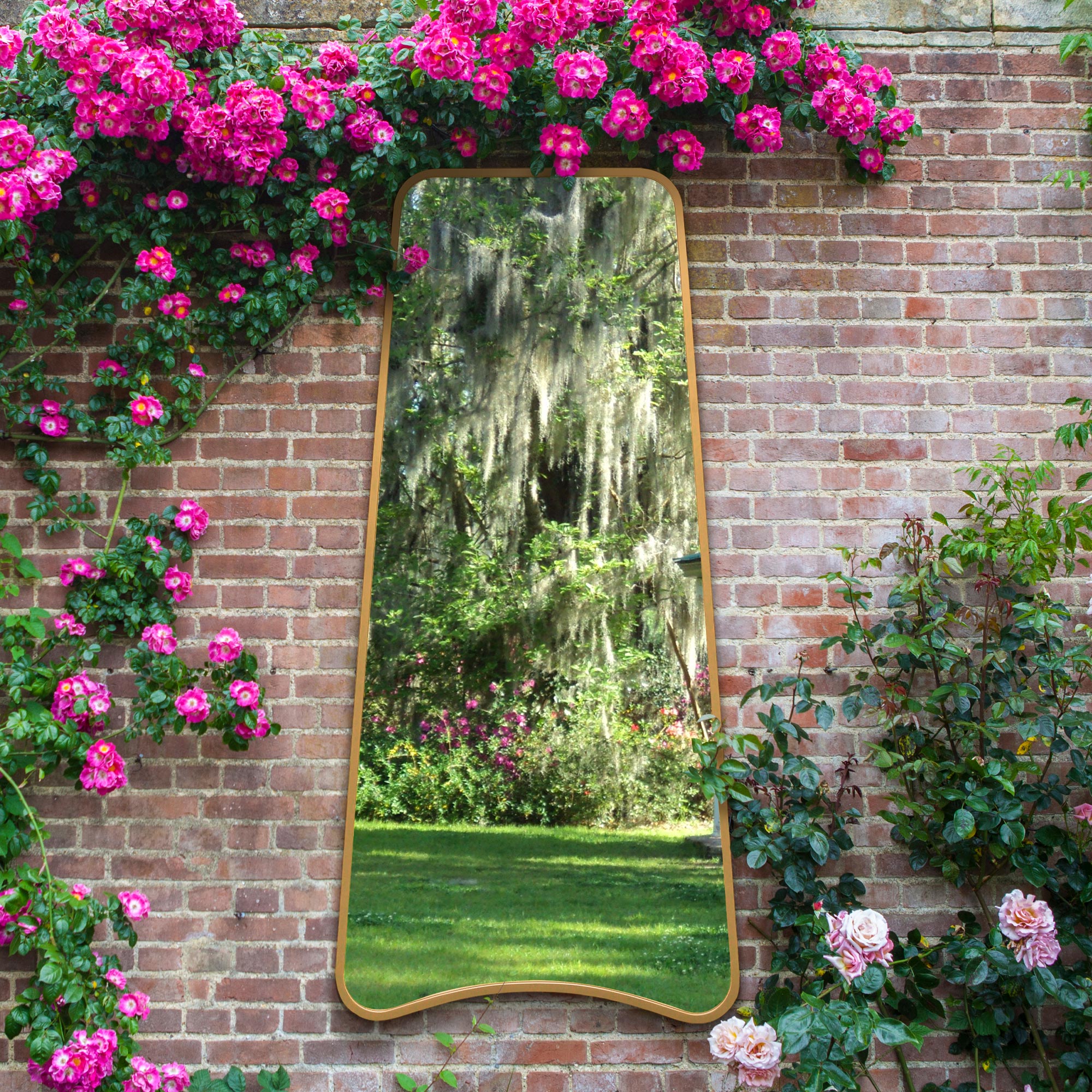 The Coartans - New Gold Metal Isoscelles Trapezoid Shape Framed Garden Wall Mirror with arched bottom. 71" X 34" (180CM X 85CM) (15010557788538)