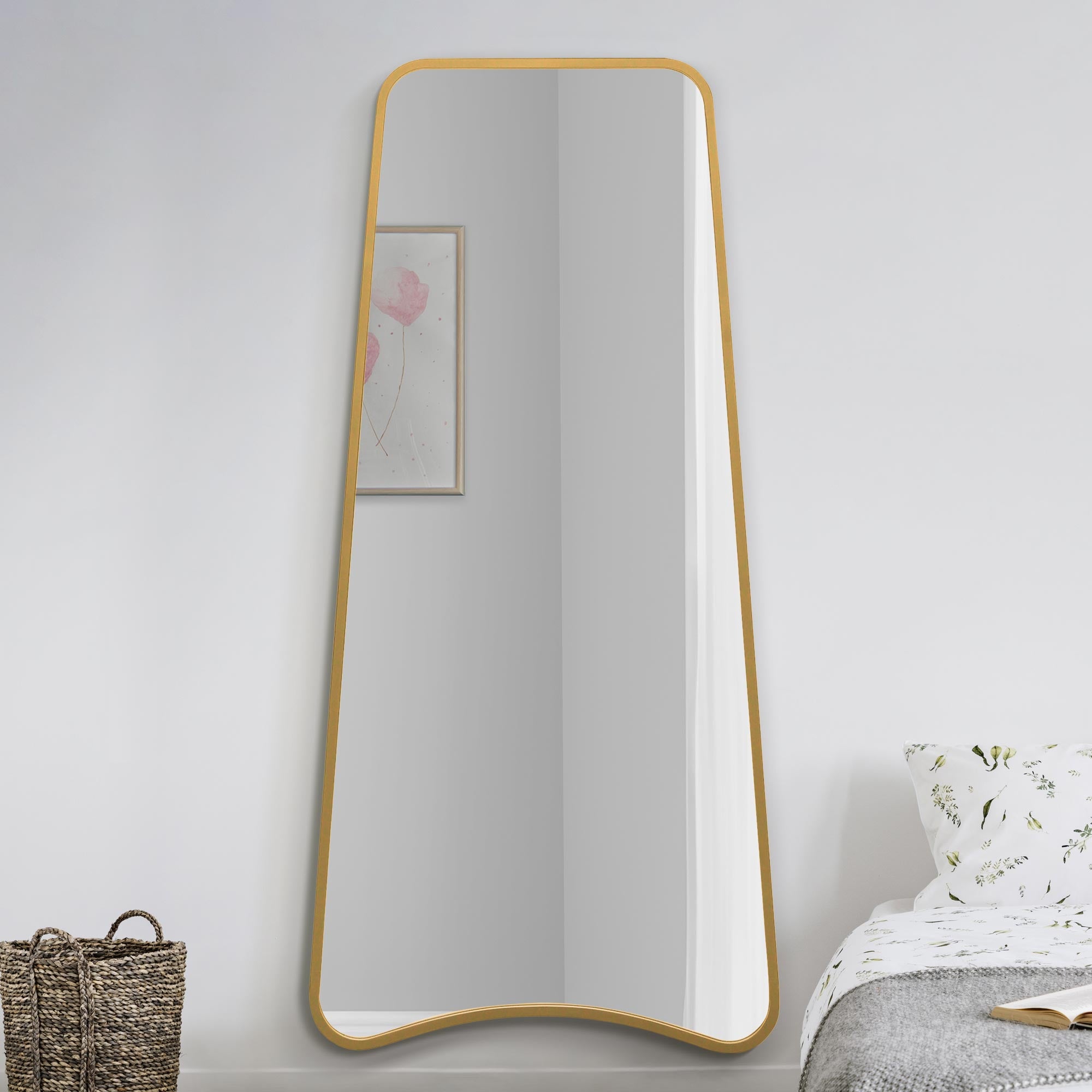 The Coartans - New Gold Metal Isoscelles Trapezoid Shape Framed Wall Mirror with arched bottom. 71" X 34" (180CM X 85CM). (15010557854074)