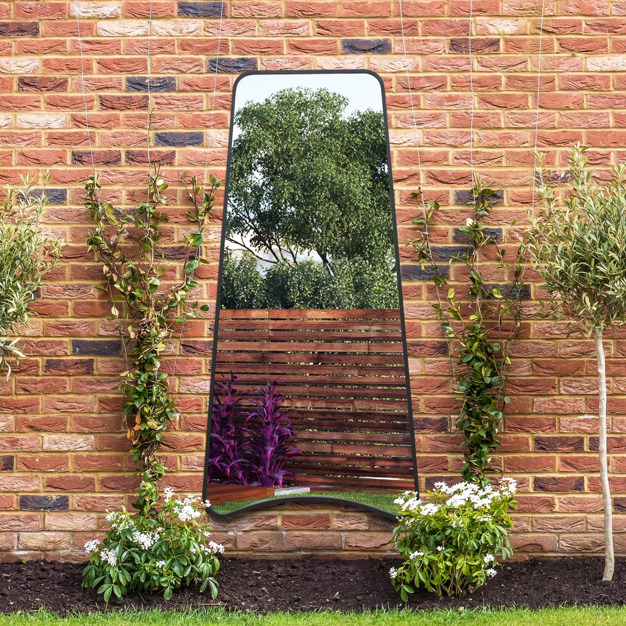 The Coartans - New Black Metal Isoscelles Trapezoid Shape Framed Garden Wall Mirror with arched bottom. 79" X 38" (200CM X 95CM) (15010557886842)