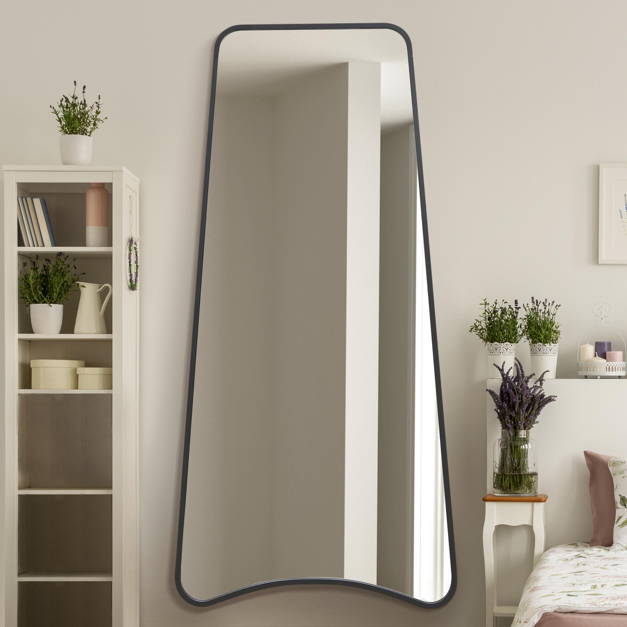 The Coartans - New Black Metal Isoscelles Trapezoid Shape Framed Wall Mirror with arched bottom. 79" X 38" (200CM X 95CM). (15010557919610)