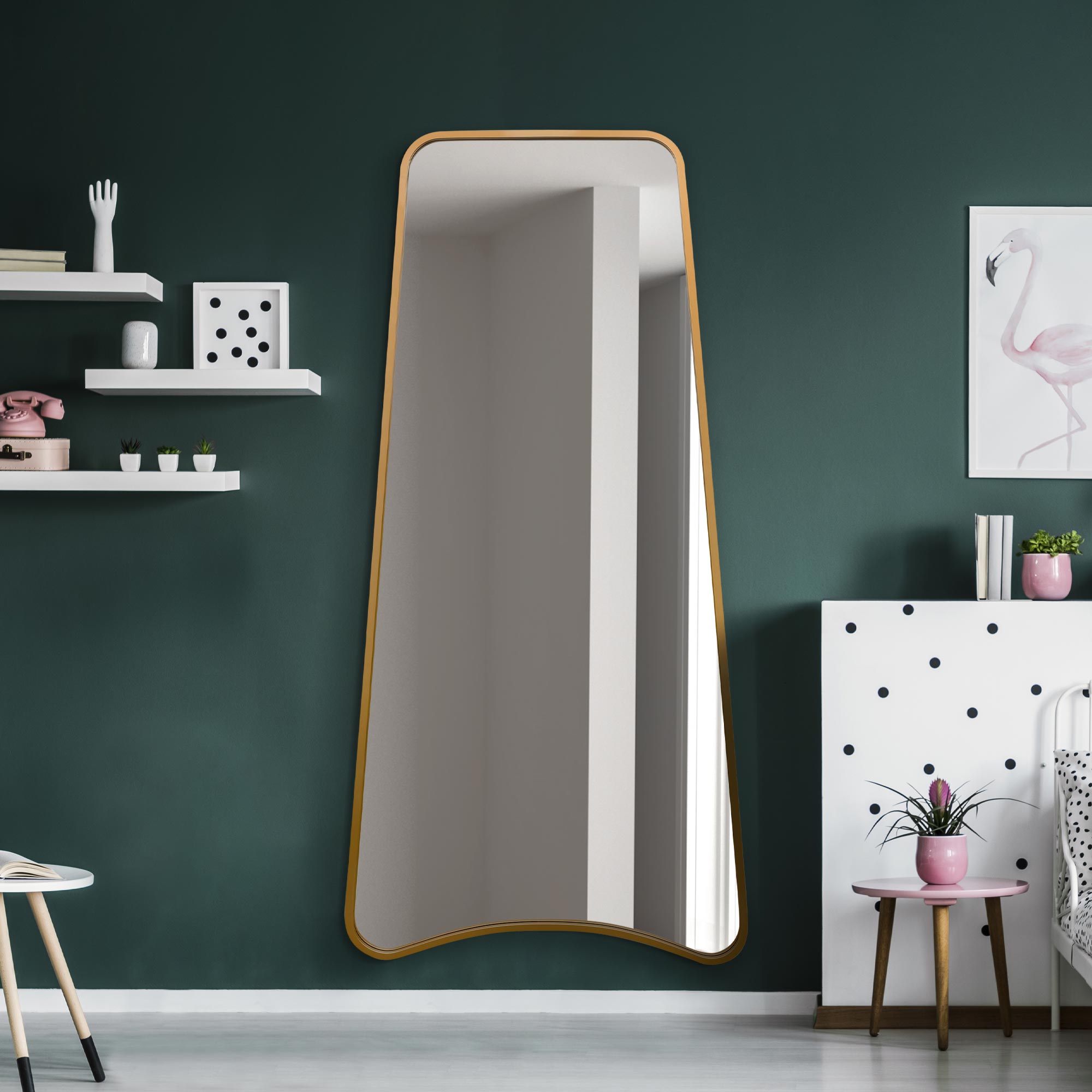 The Coartans - New Gold Metal Isoscelles Trapezoid Shape Framed Wall Mirror with arched bottom. 79" X 38" (200CM X 95CM). (15010558017914)