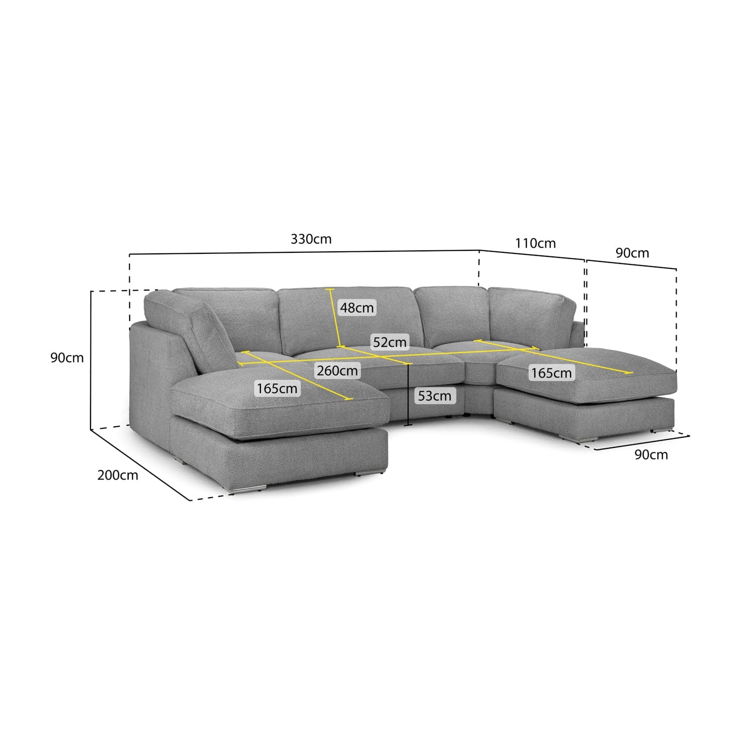 Greenwich Grey U Shape Corner Sofa -measurement view (7023833350208)