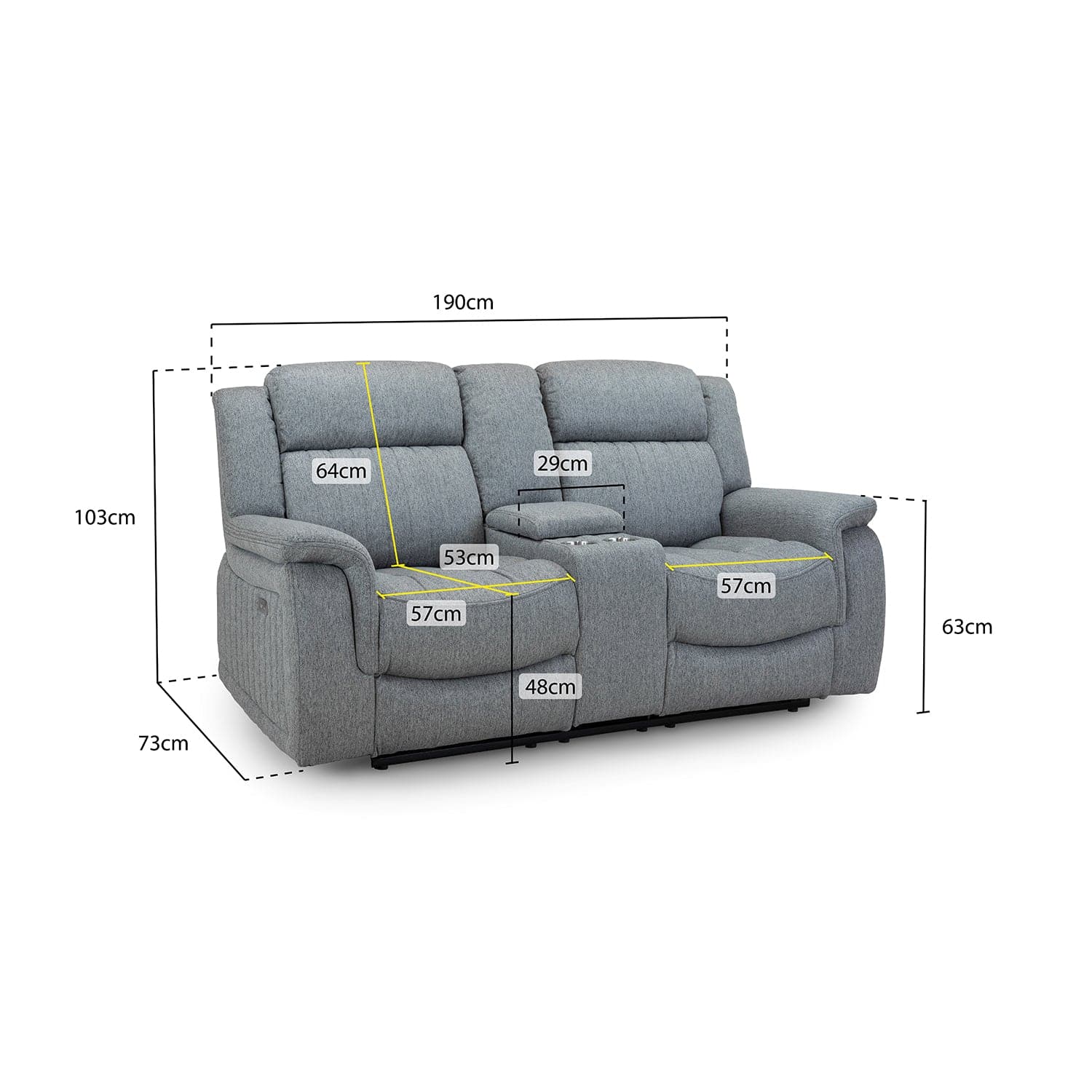 Hamlet 2 Seater Recliner Sofa in Grey - measurement view (7023948791872)