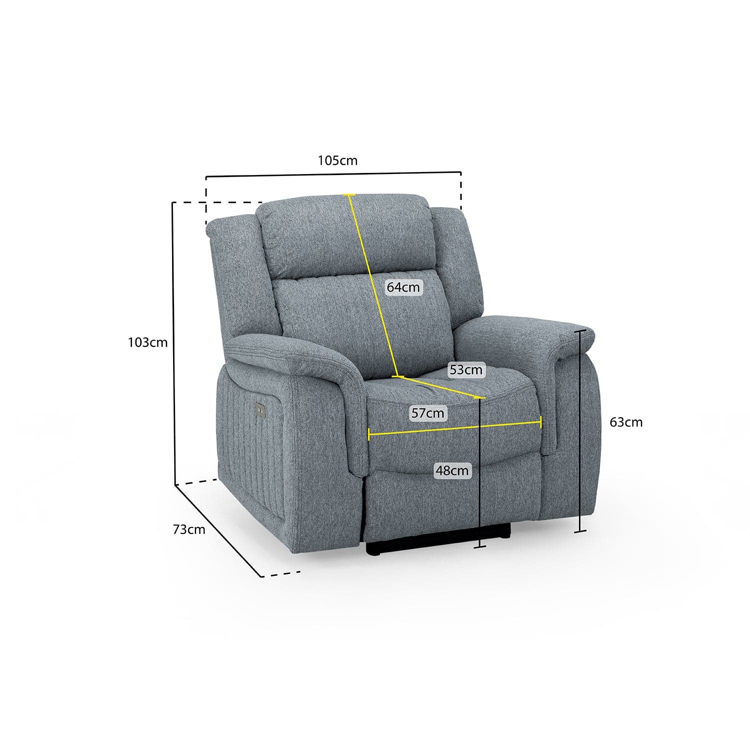 Hamlet Recliner Sofa Grey Armchair - measurement view (7023949119552)