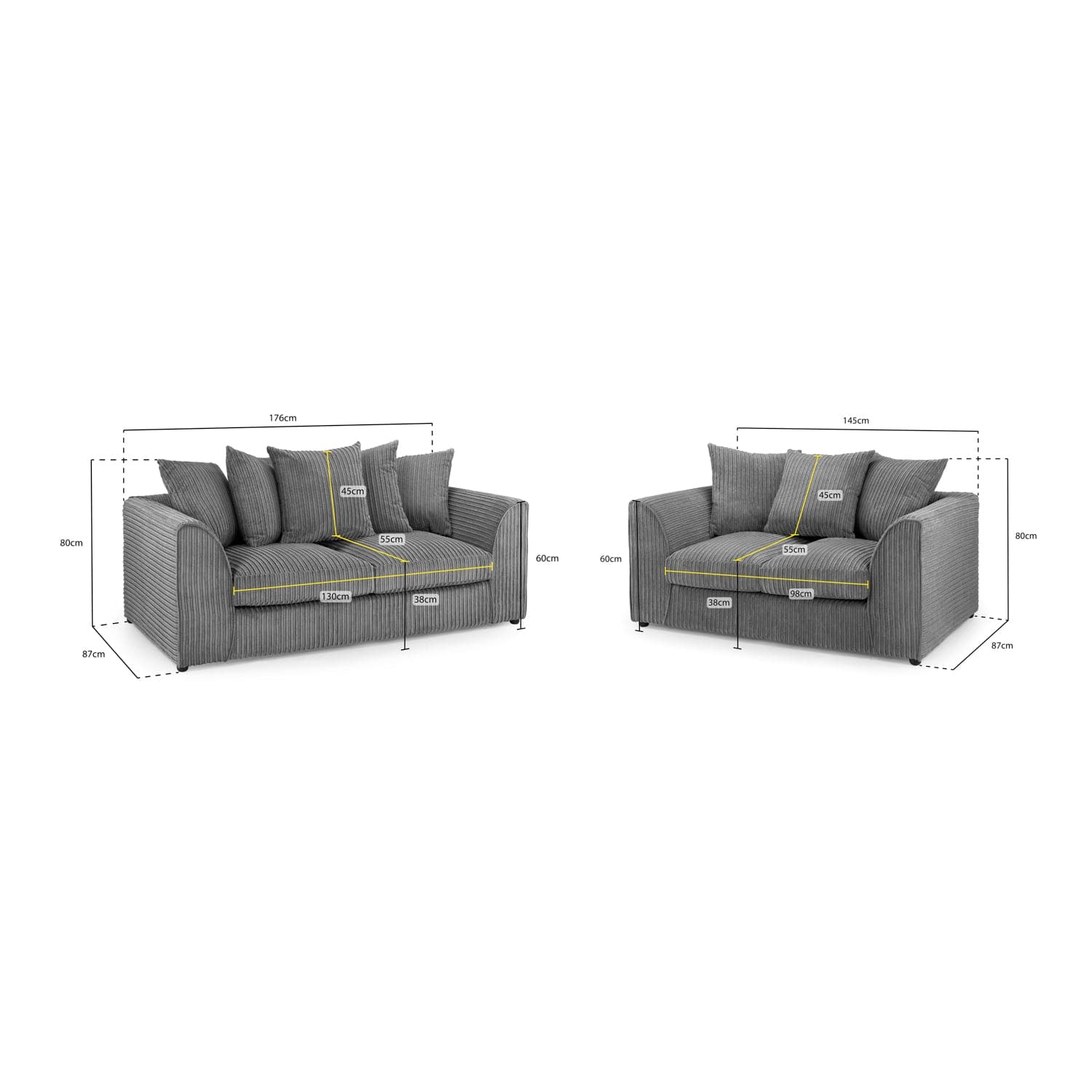 Oxford 3+2 Sofa Set in Grey Jumbo Cord - Measurement View (7023661154368)