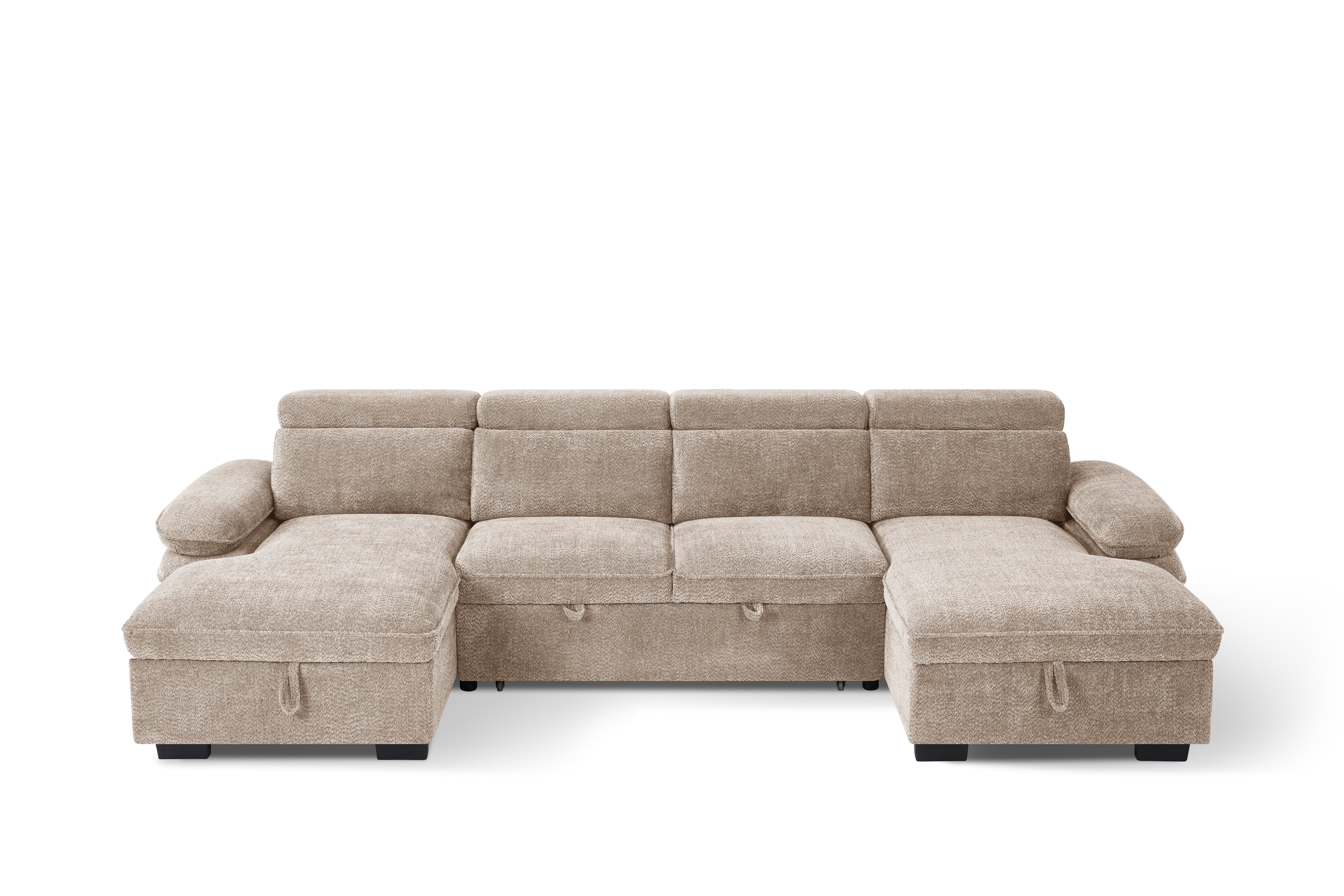 Billie U Shape Sofa Bed in Beige with Lift Up Storage - AMC Furniture