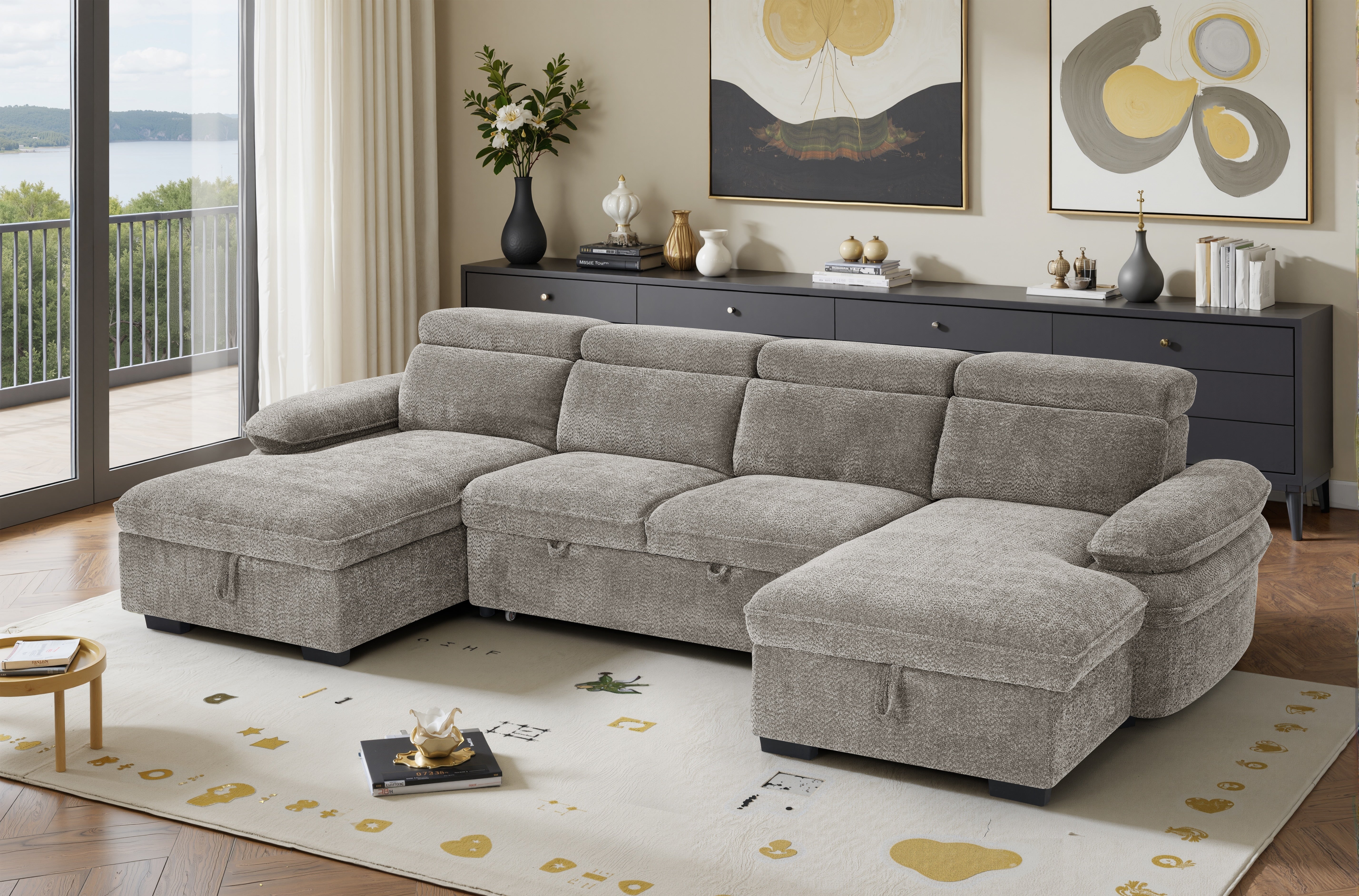 Billie U Shape Sofa Bed in Grey with Lift Up Storage - AMC Furniture