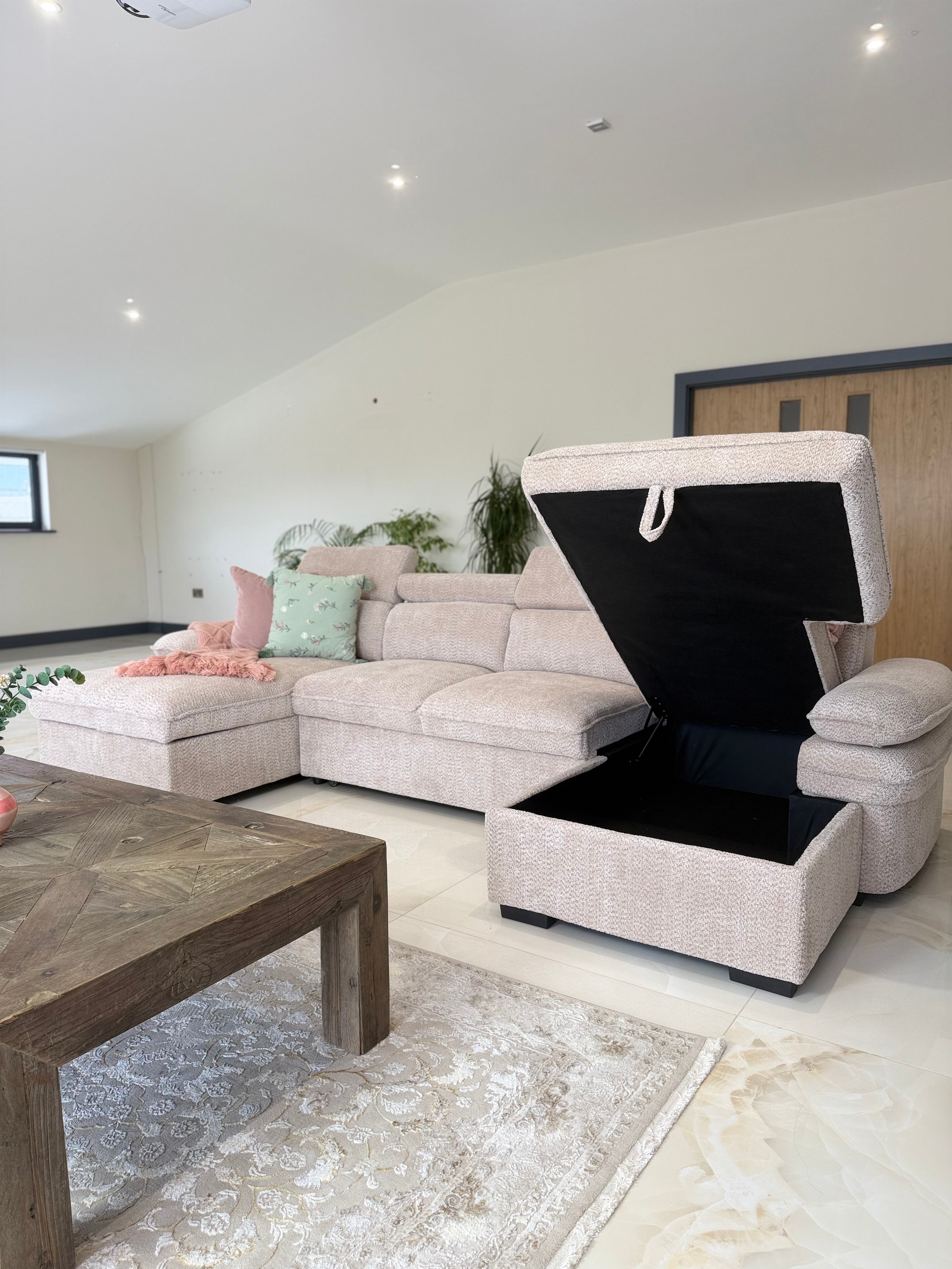 Billie U Shape Sofa Bed in Beige with Lift Up Storage Beehive